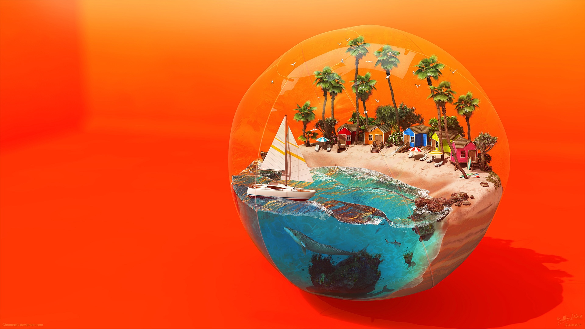 General 1920x1080 beach sea fish trees sailing ship sphere artwork digital art orange beach ball