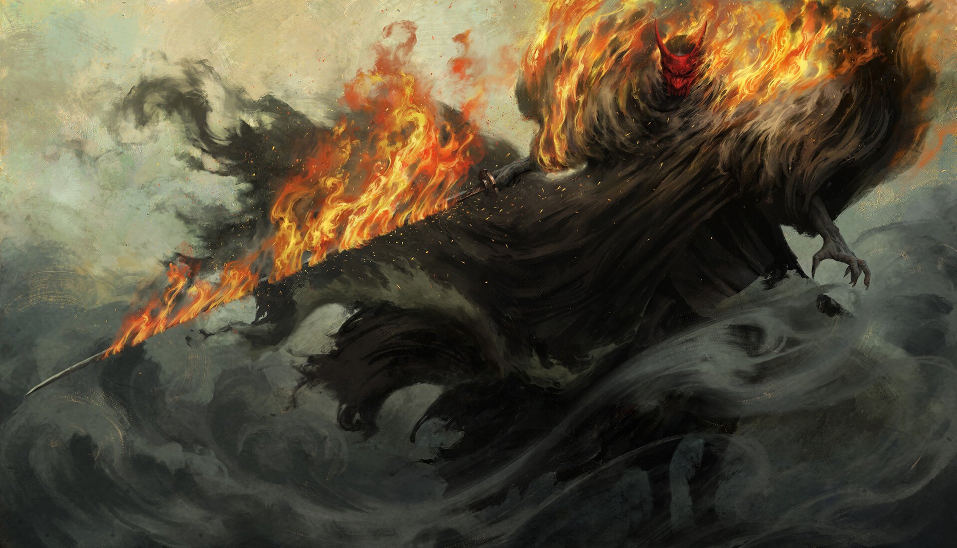 General 1920x1099 artwork fantasy art fire sword demon smoke