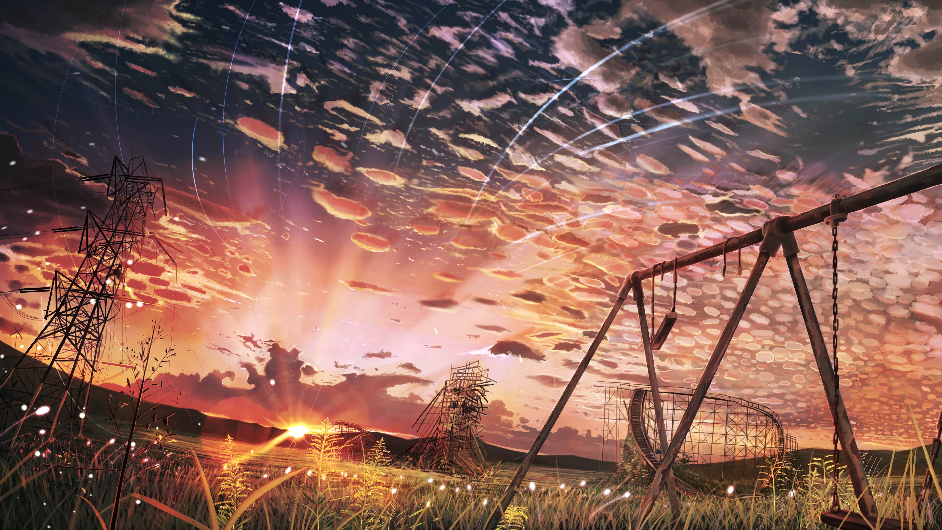 Anime 3840x2160 anime digital outdoors sky clouds sunlight sunset power lines swings artwork Banishment
