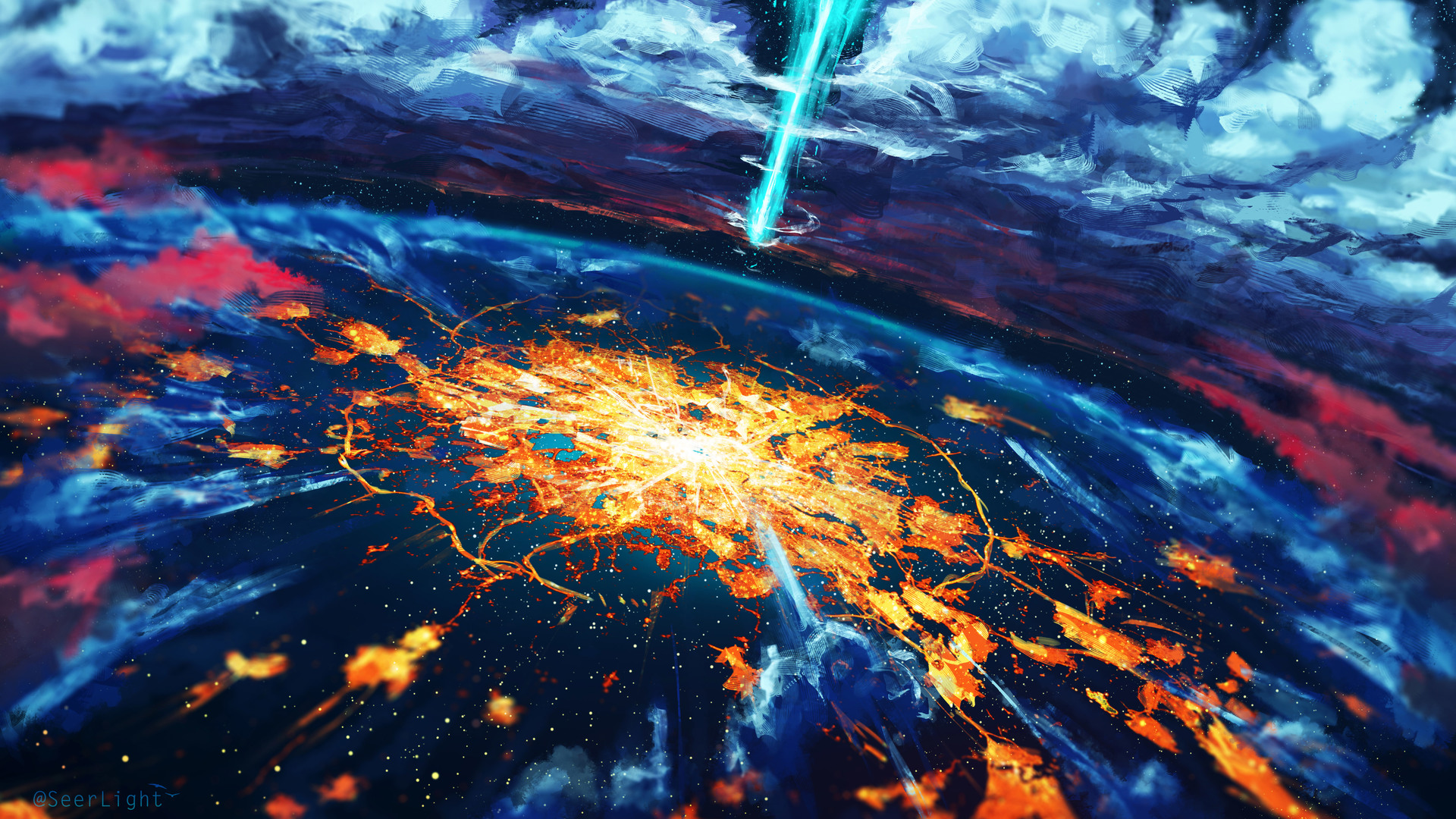 General 1920x1080 artwork fantasy art digital art meteors planet space blue orange