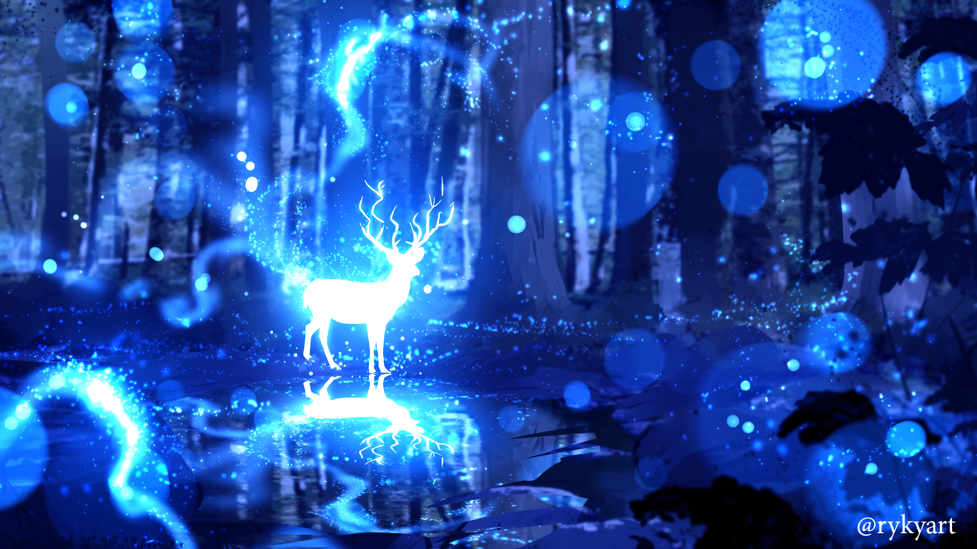 General 1920x1080 digital art artwork fantasy art drawing painting digital painting blue white magic animals deer ryky reflection forest trees landscape nature water lights