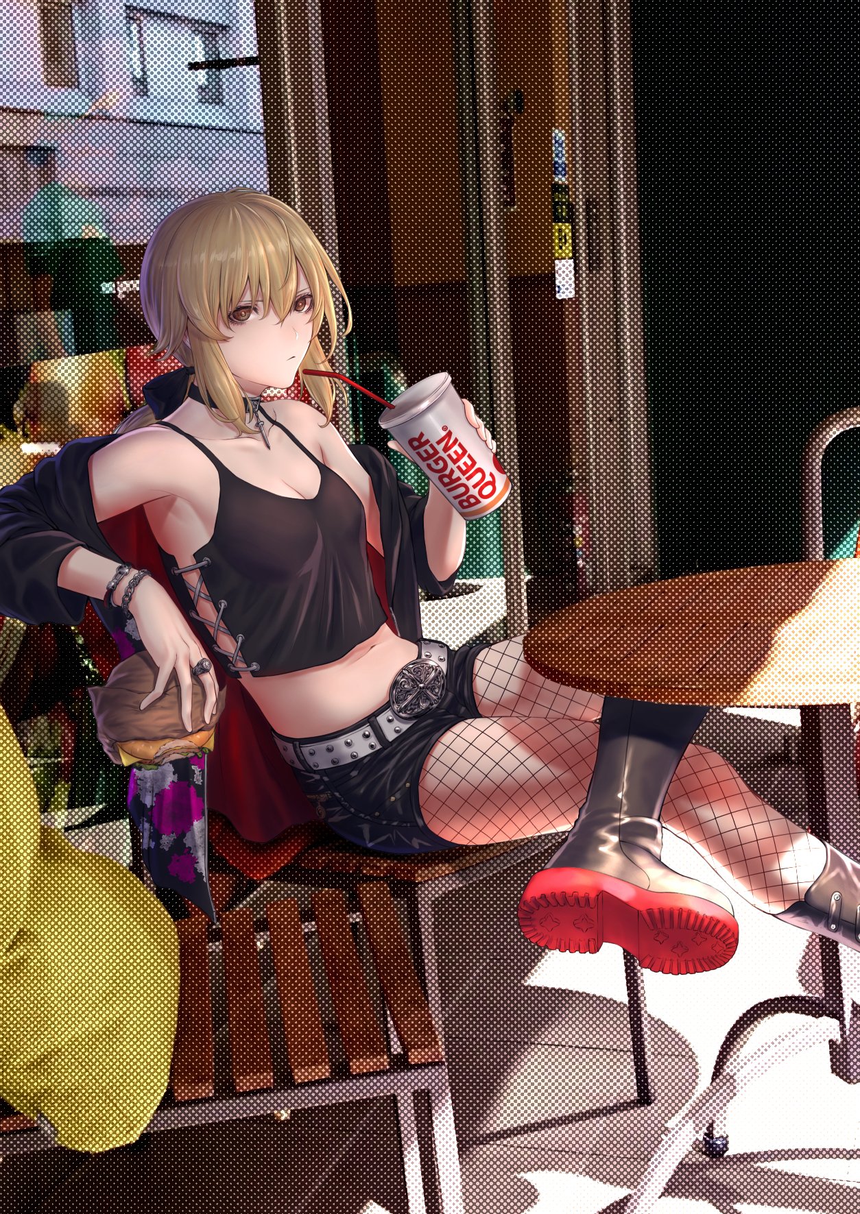Anime 1254x1771 Fate series Fate/Stay Night Saber Alter Fate/Grand Order Artoria Pendragon anime girls Mugetsu Illust blonde brown eyes crop top cleavage short shorts fishnet pantyhose