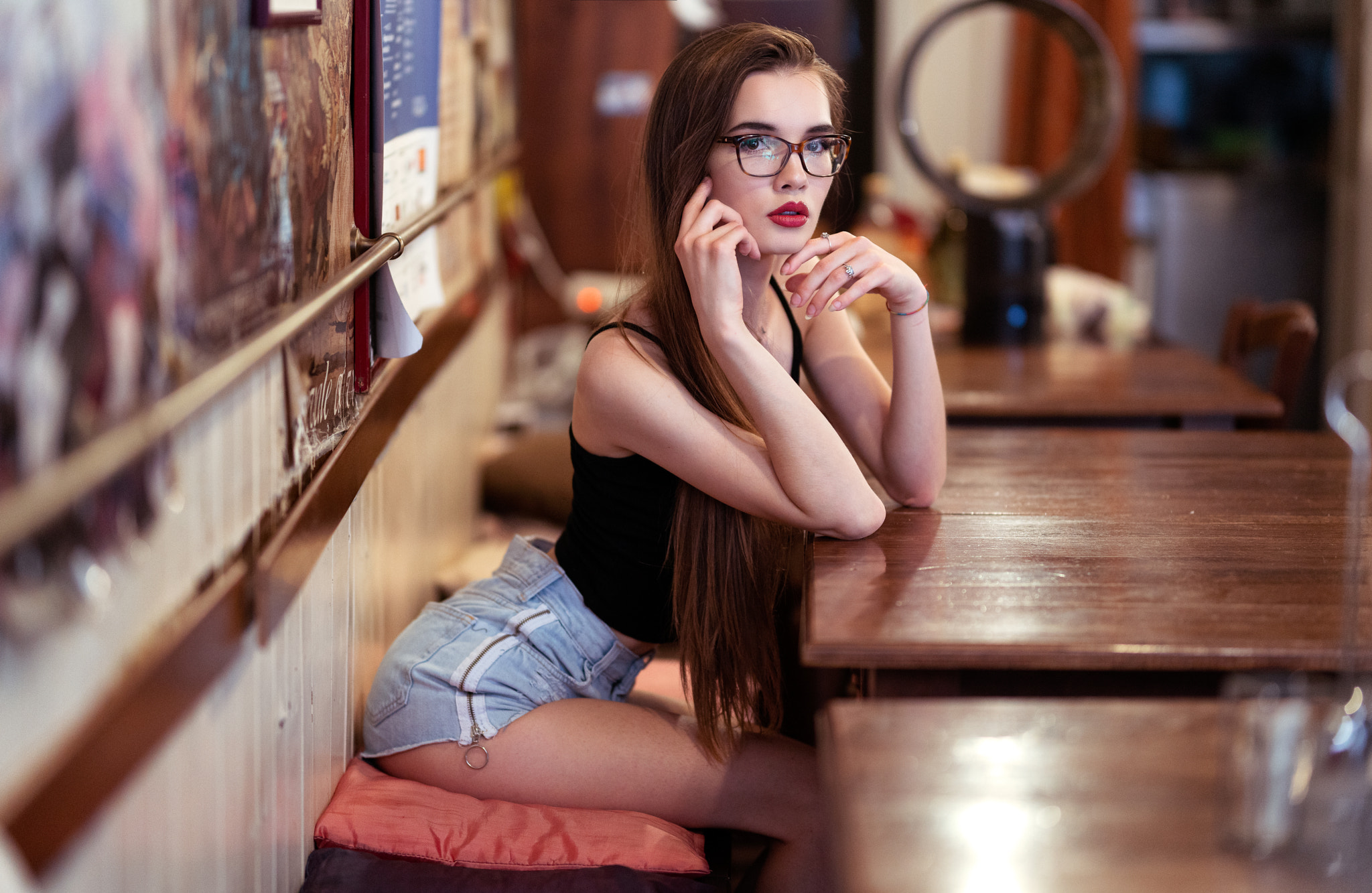 People 2048x1333 women red lipstick jean shorts long hair women with glasses sitting Marco Squassina table tank top black top
