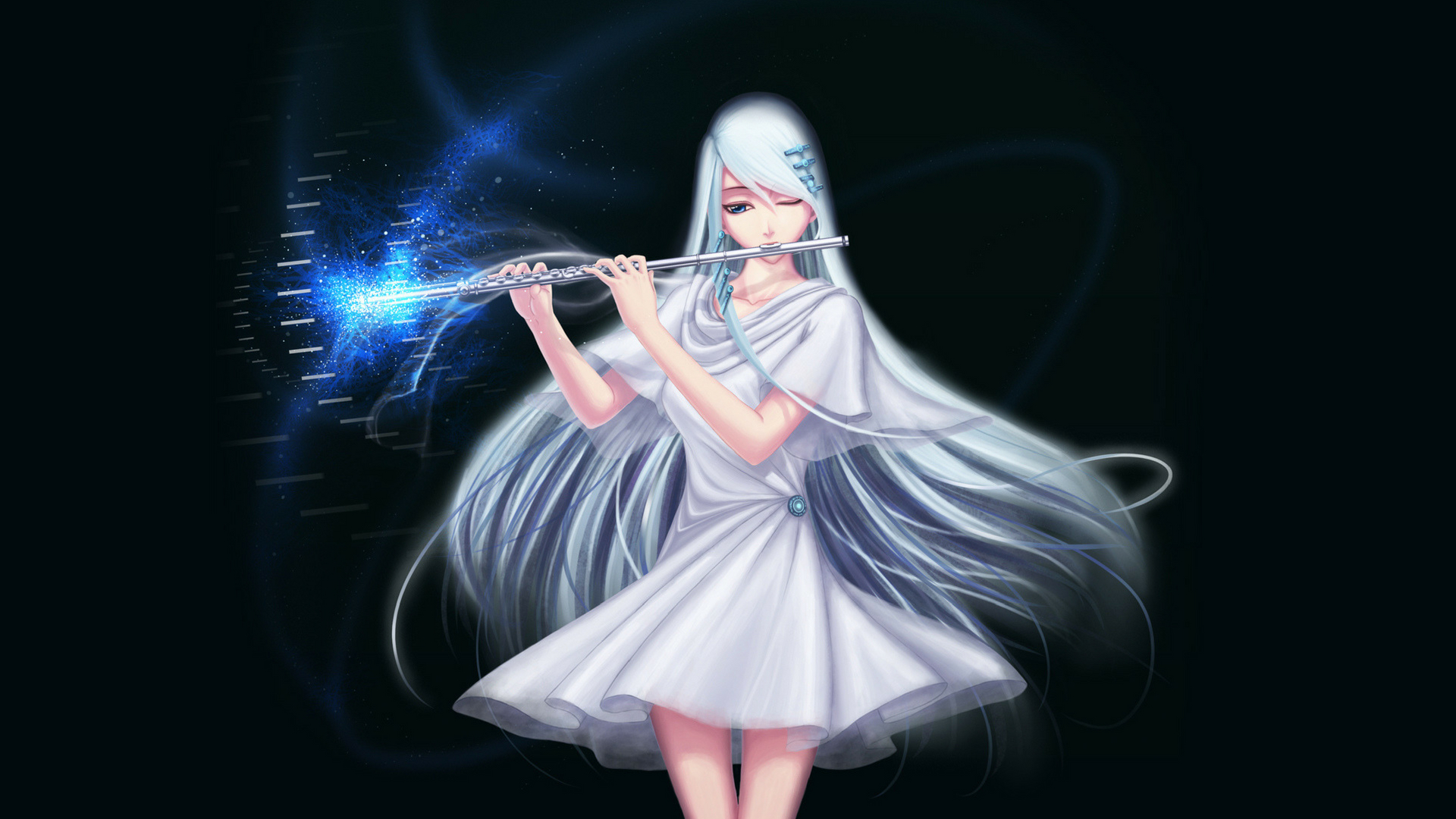 Anime 1920x1080 anime anime girls white hair long hair flute