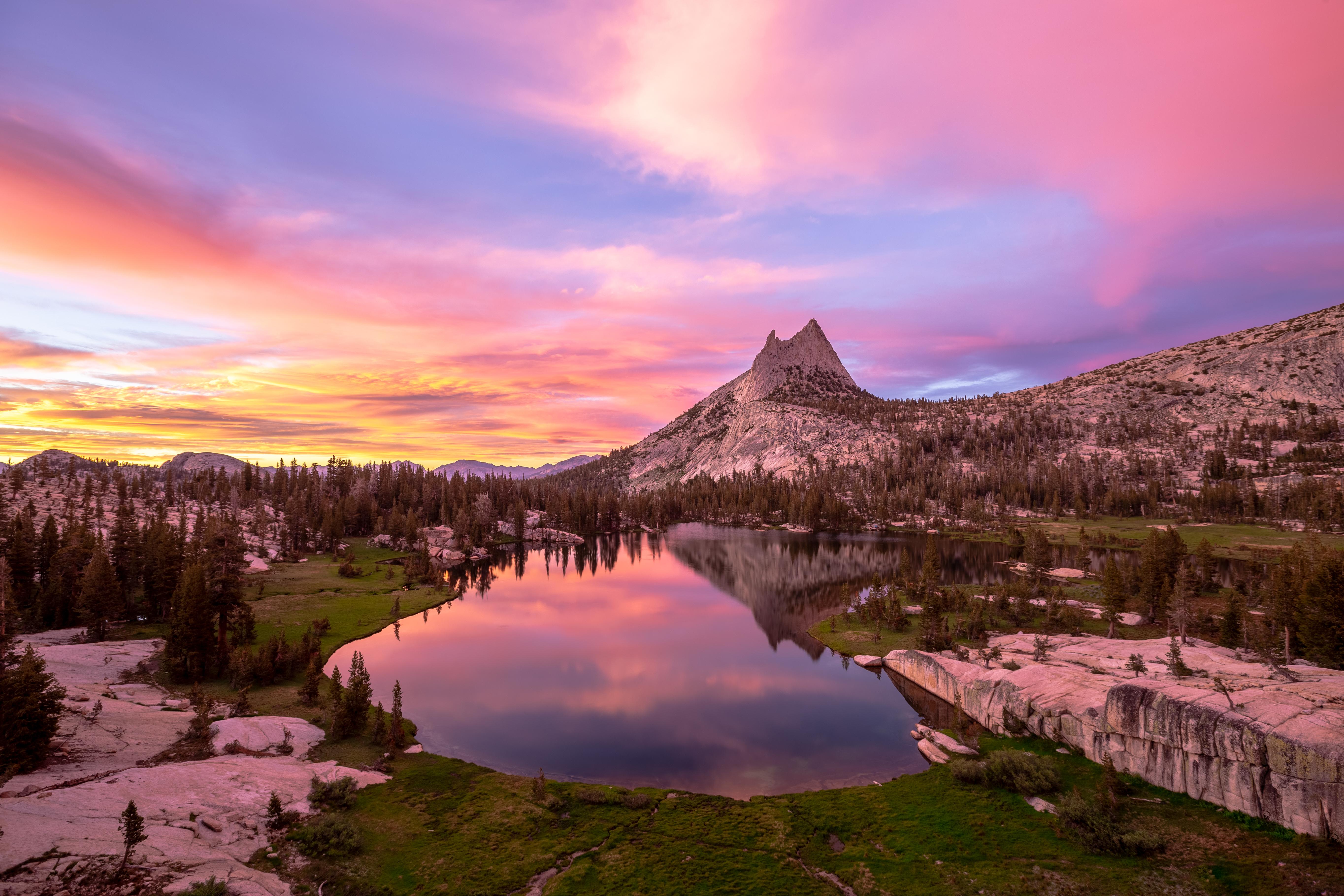 General 5458x3639 water lake mountains trees nature clouds landscape sunset Yosemite National Park California rocks