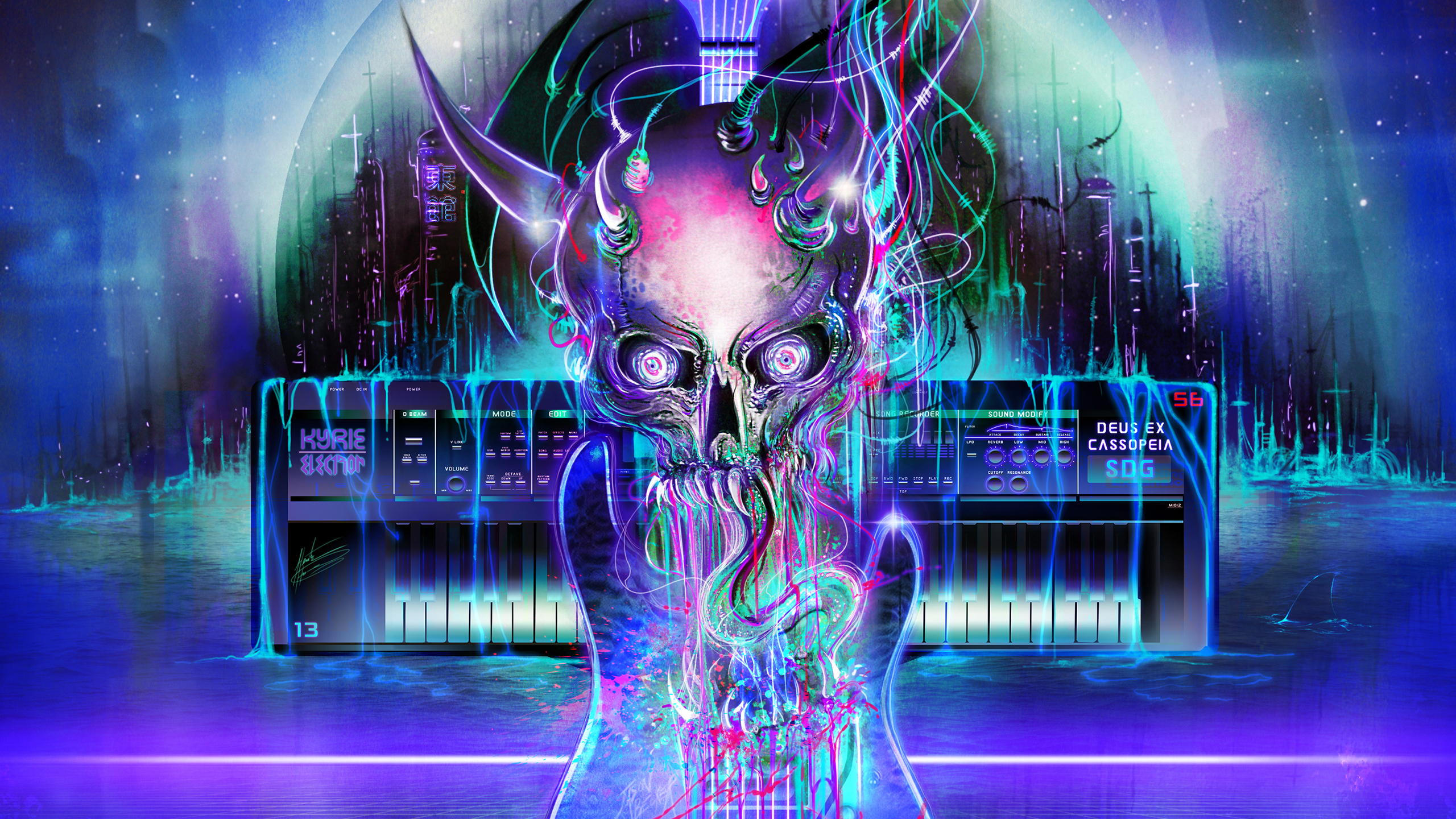General 2560x1440 synthwave vaporwave neon guitar skull keyboards cyberpunk