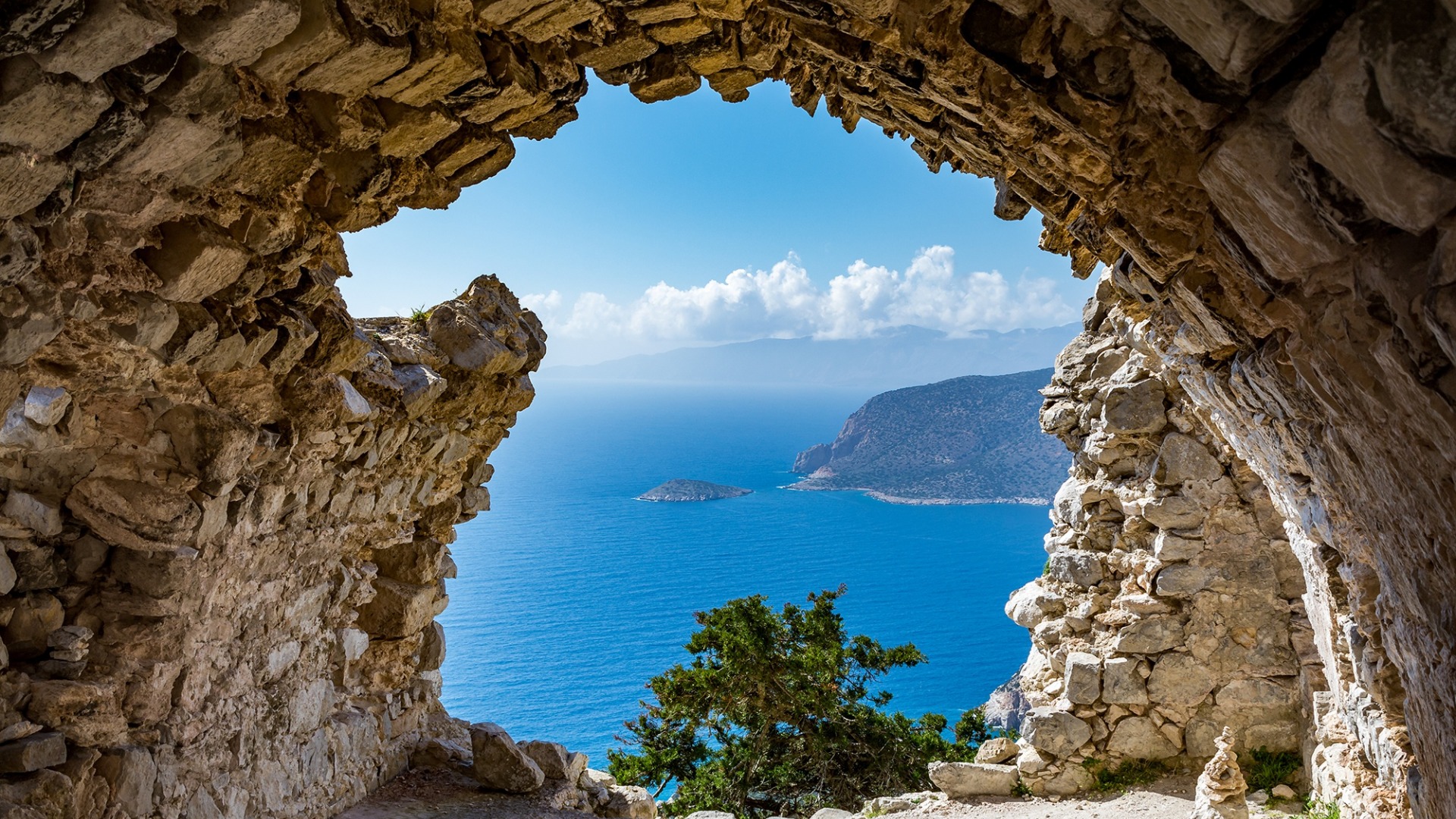 General 1920x1080 sea cave rocks island Rhodes Greece clouds blue stone arch ruins sky sky blue