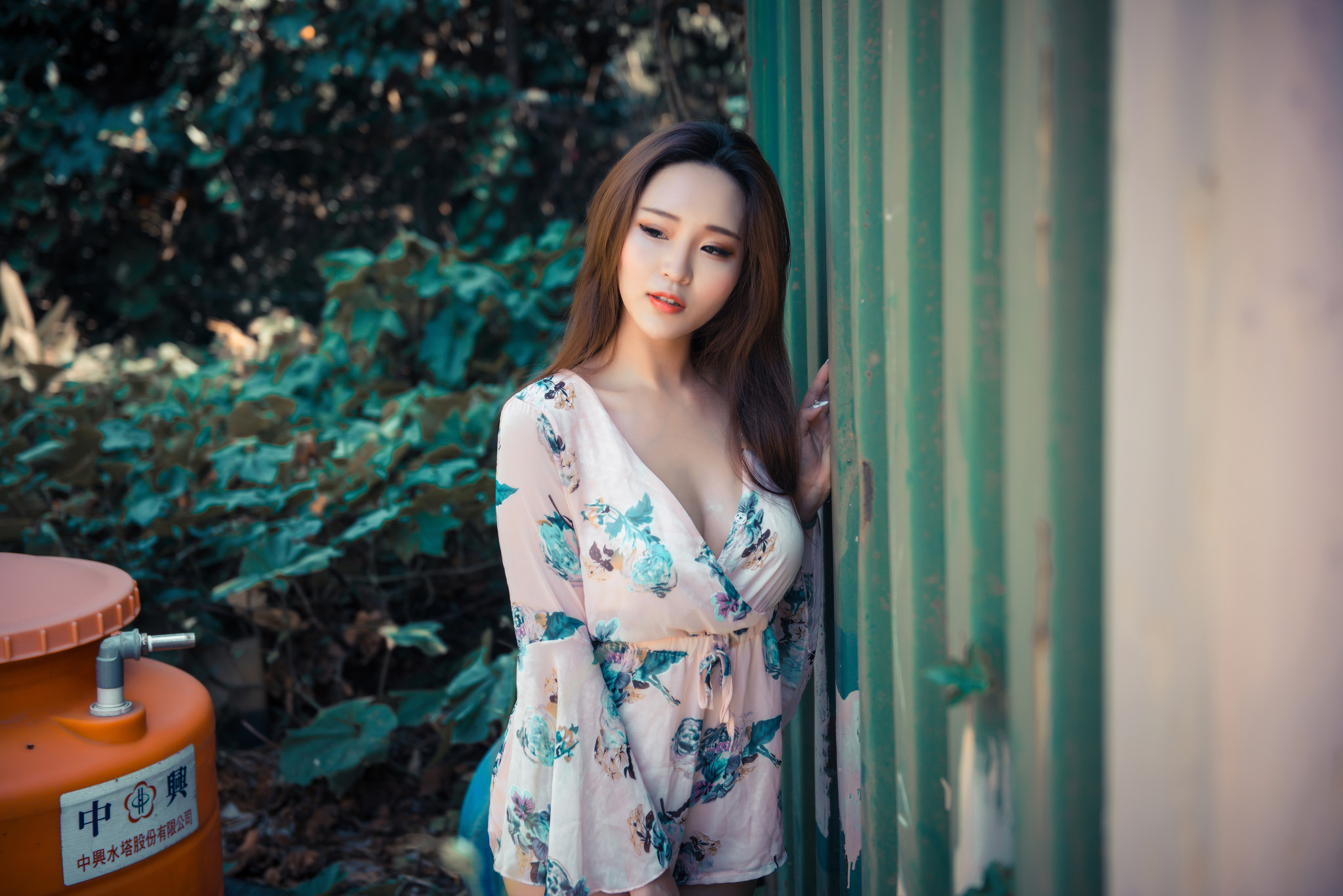 People 2048x1367 Asian women women outdoors brunette model plants cleavage playsuit looking away painted nails