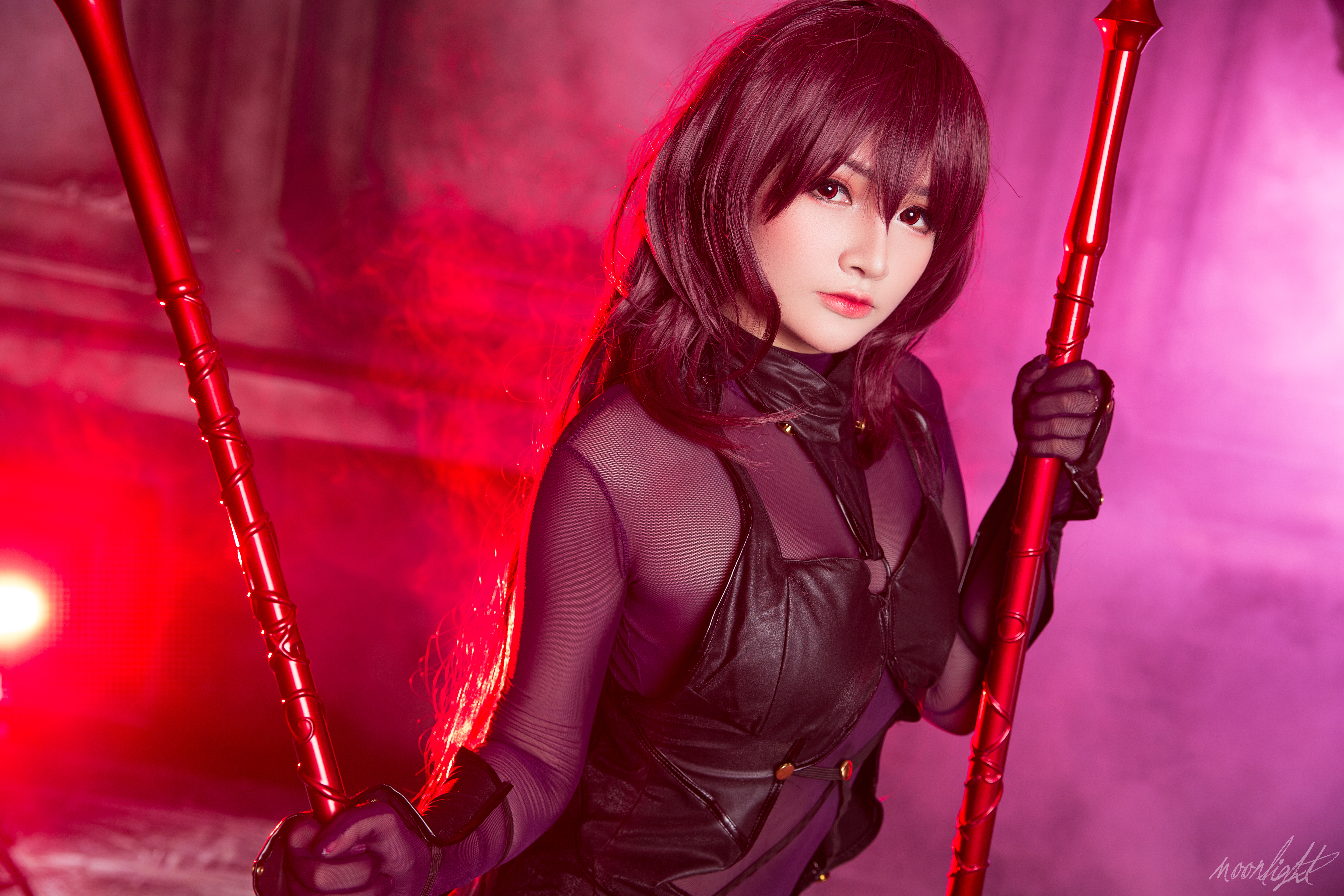 People 5760x3840 MiMi Chan women model Asian Scathach Fate/Grand Order anime anime girls cosplay looking at viewer see-through clothing portrait smoke indoors women indoors Chinese Chinese model