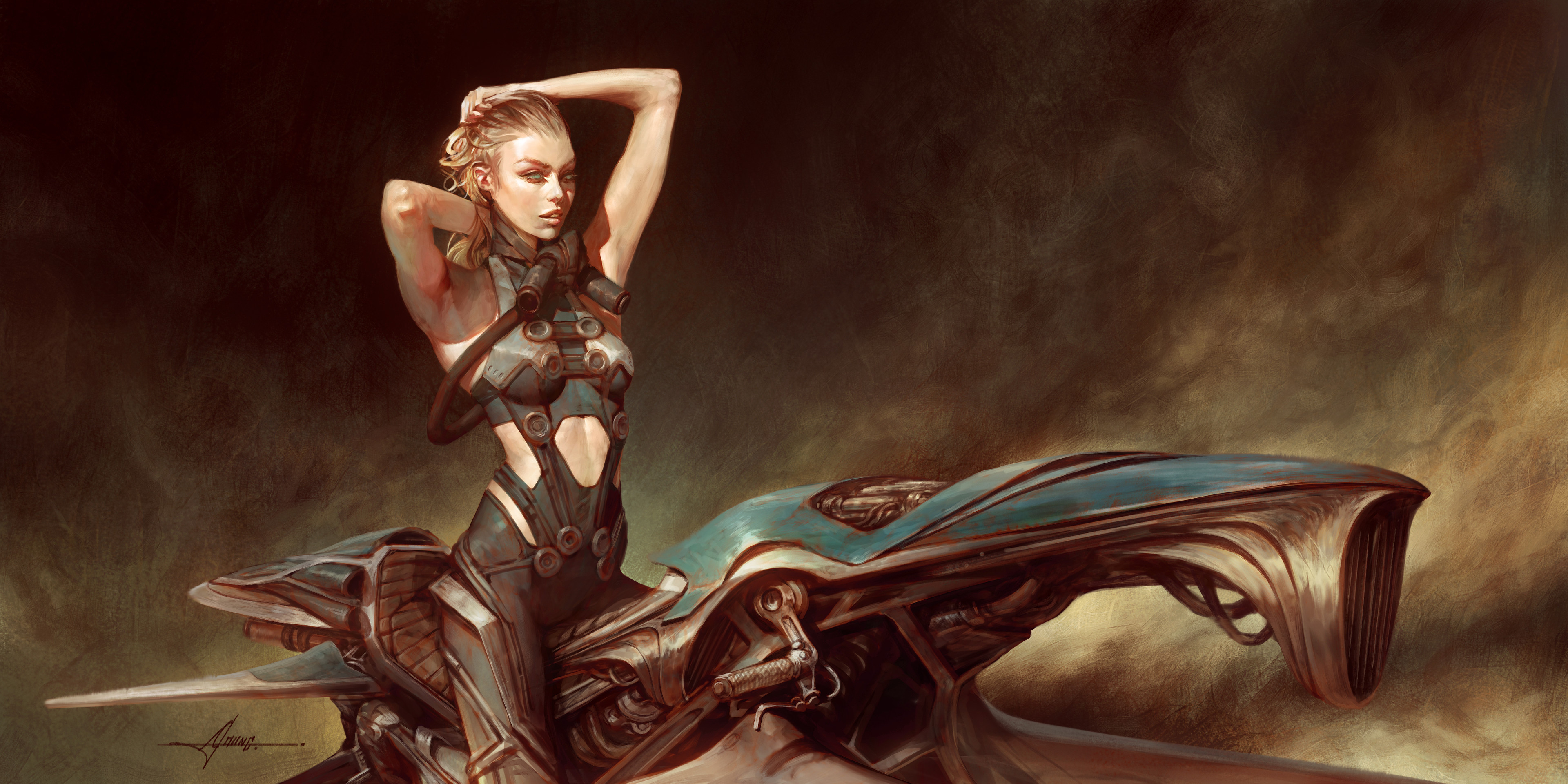 General 3840x1920 Christophe Young armpits ArtStation digital art green eyes women women with bikes motorcycle hands on head digital painting blonde looking into the distance artwork open mouth science fiction