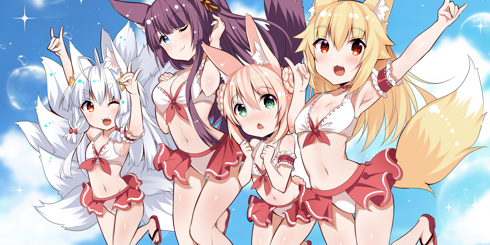Anime 1920x960 artwork anime girls animal ears tail one eye closed white hair blonde pink hair brunette skirt red eyes blue eyes green eyes open mouth smiling cleavage arms up legs together fox girl bikini Usagihime