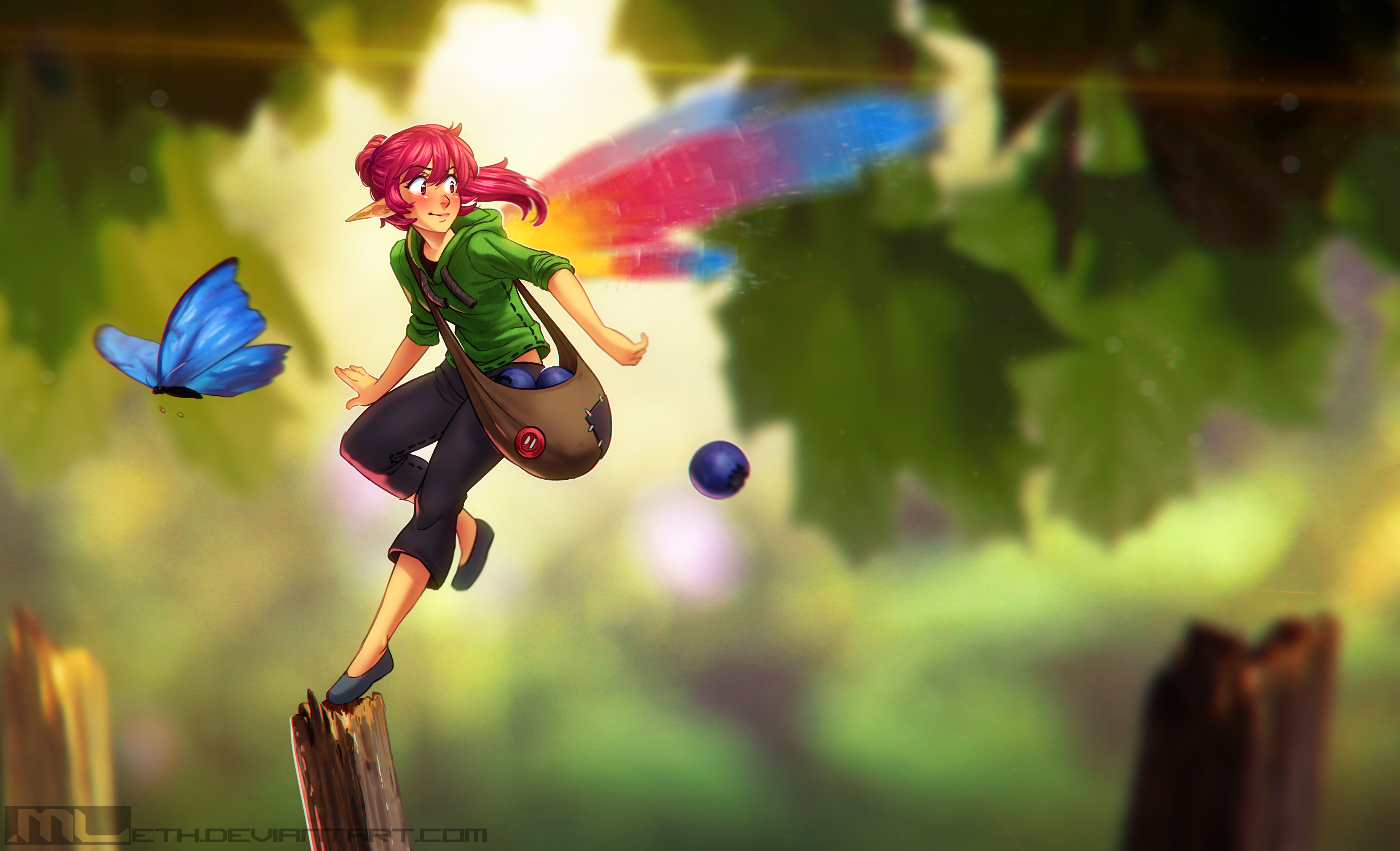 Anime 3679x2237 fantasy girl pointy ears fairy wings redhead butterfly blueberries trees red eyes anime anime girls watermarked