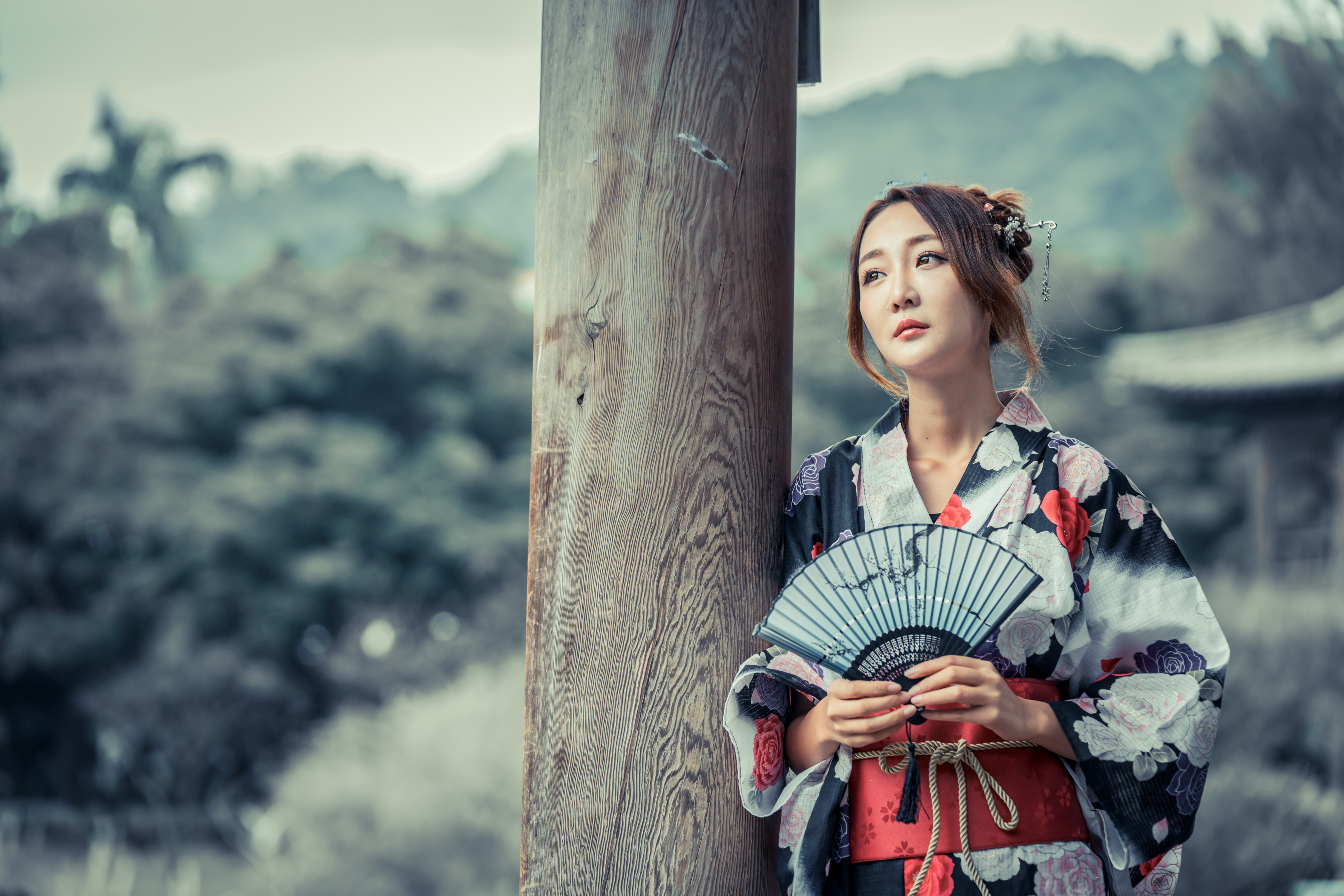 People 4500x3002 Asian women model women outdoors portrait brunette hair ornament kimono traditional clothing looking into the distance sadness fans
