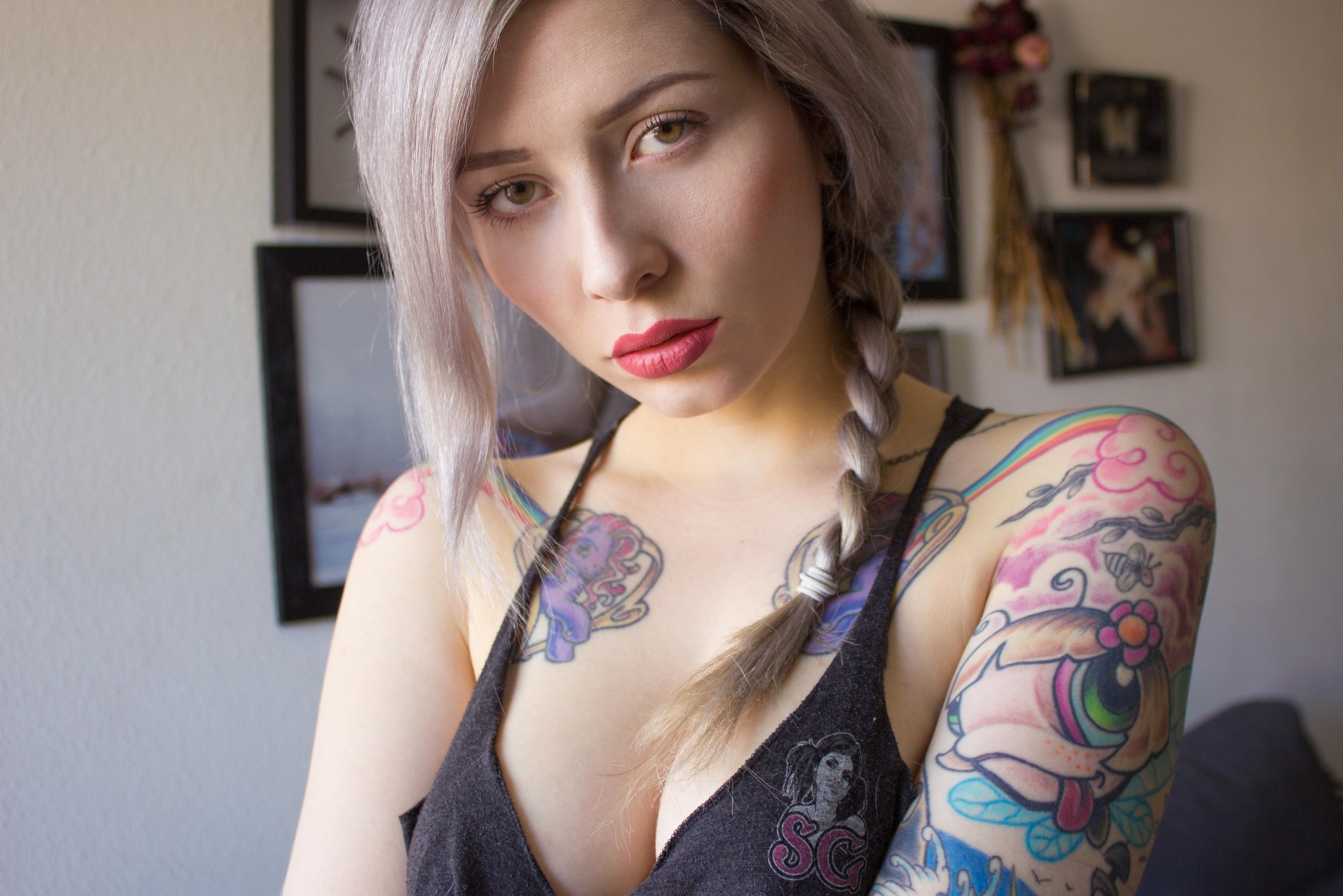 People 3000x2002 Marlene Suicide women model dyed hair braids indoors bokeh looking at viewer red lipstick tank top inked girls tattoo women indoors Suicide Girls