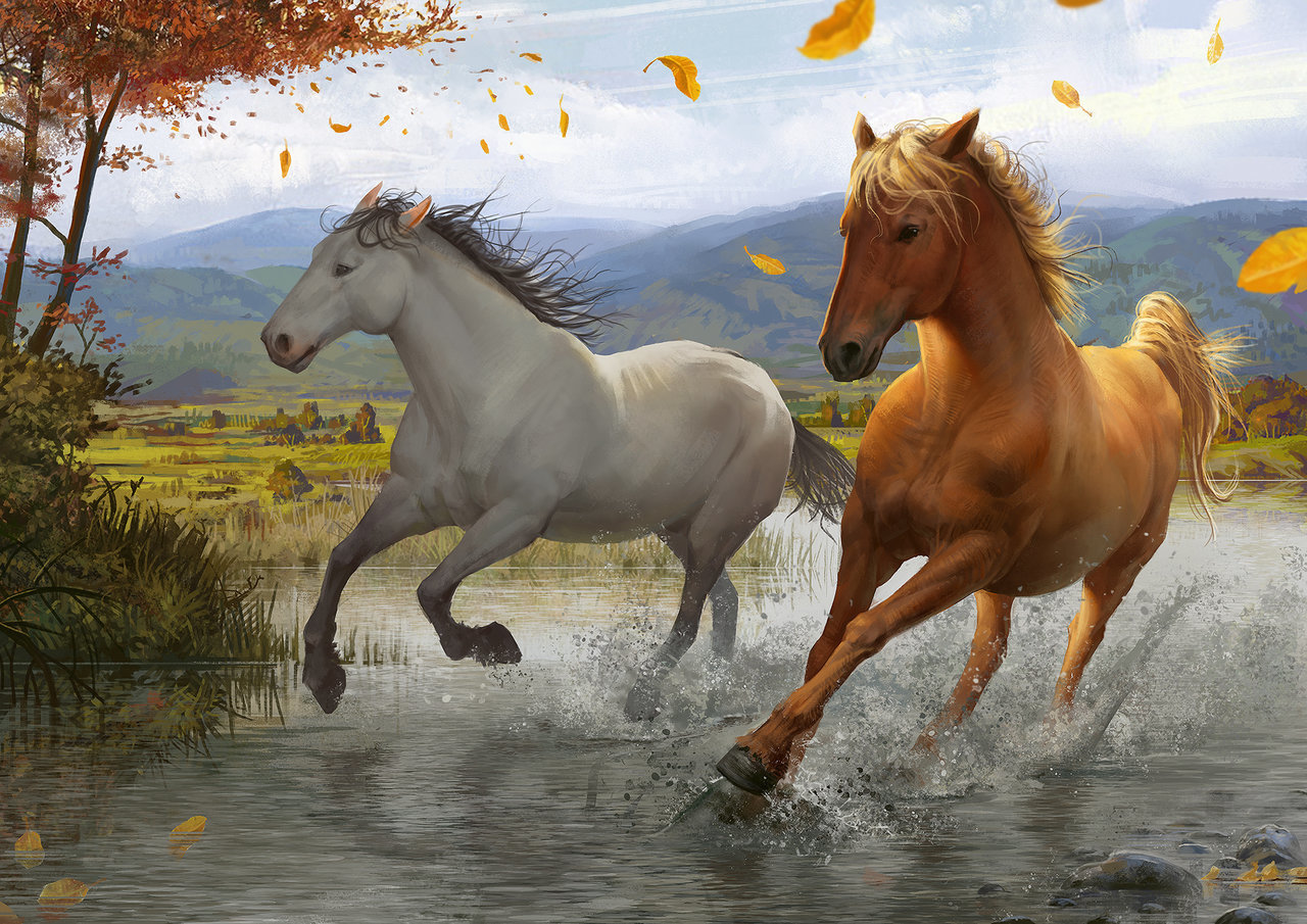 General 1280x905 horse animals water landscape fall artwork digital art 2D illustration drawing mountains sky clouds