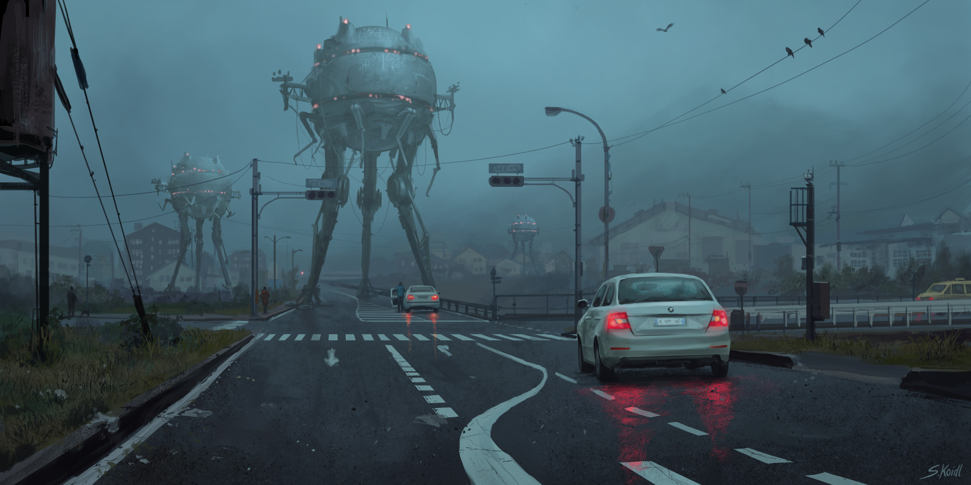 General 1920x960 artwork robot city car apocalyptic science fiction tripod illustration Stefan Koidl