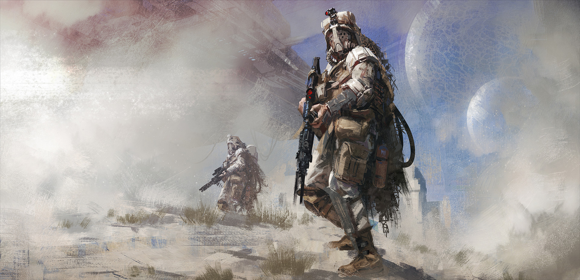 General 1920x928 Joakim Ericsson artwork digital art illustration painting concept art futuristic soldier rifles desert gas masks apocalyptic 2D science fiction camouflage