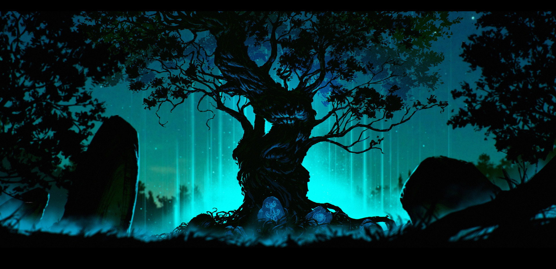 General 1920x931 digital art artwork video games The Witcher 3: Wild Hunt trees fantasy art dark turquoise