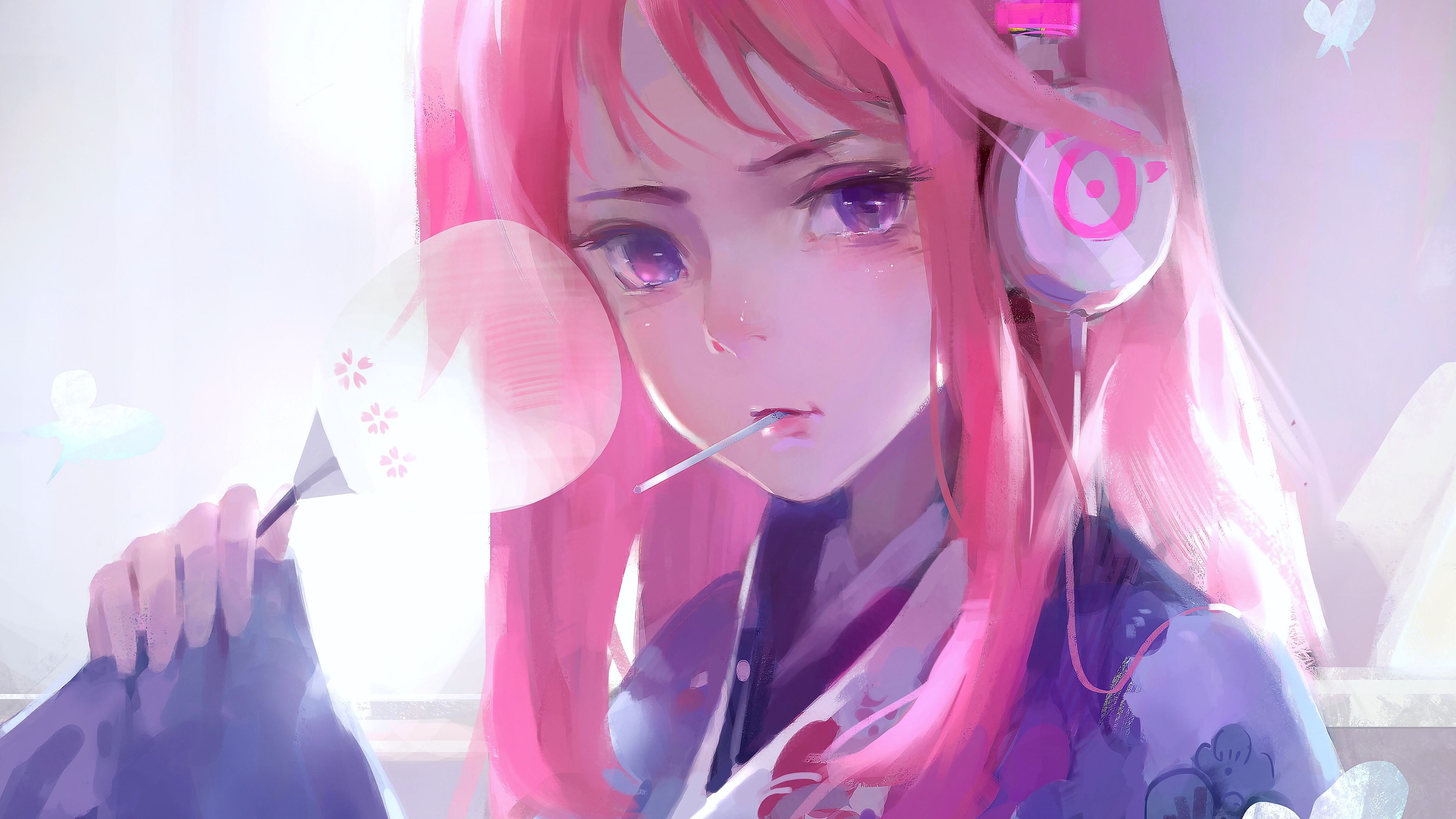 Anime 3840x2160 anime anime girls pink hair purple eyes headphones cropped artwork Dcchris