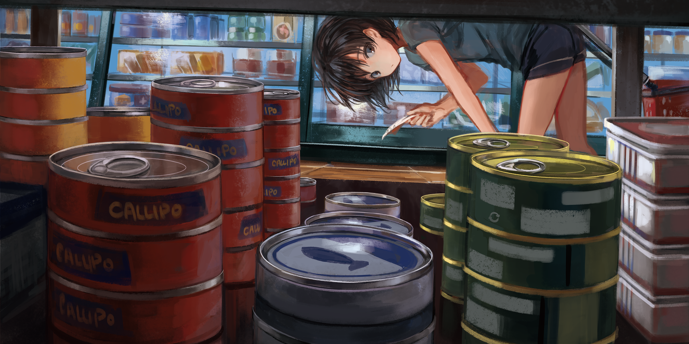 Anime 2412x1206 anime 2D digital art artwork can food markets short hair dark hair Sero3eta