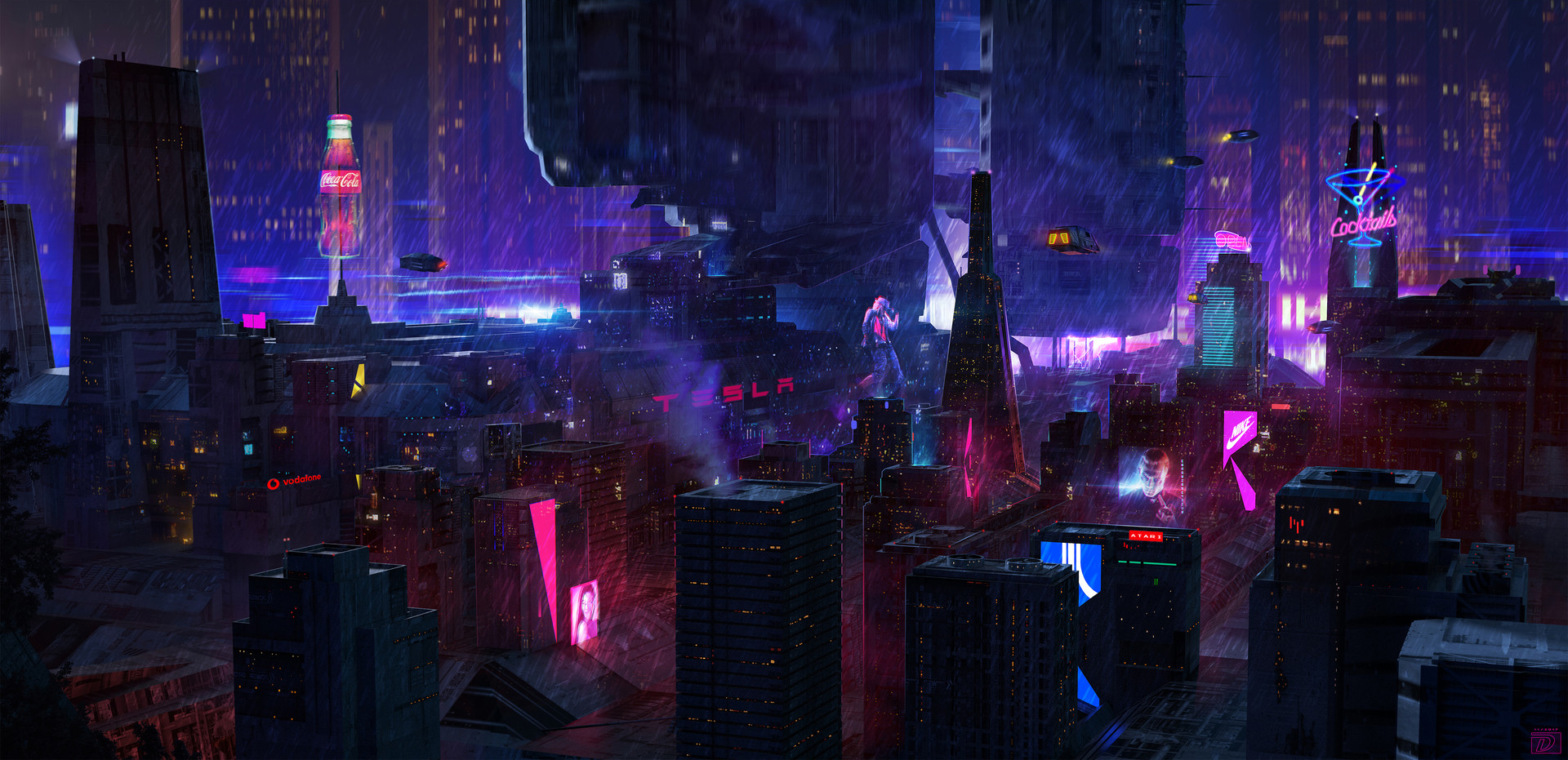 General 1920x931 cyberpunk rain building neon cityscape night flying car science fiction