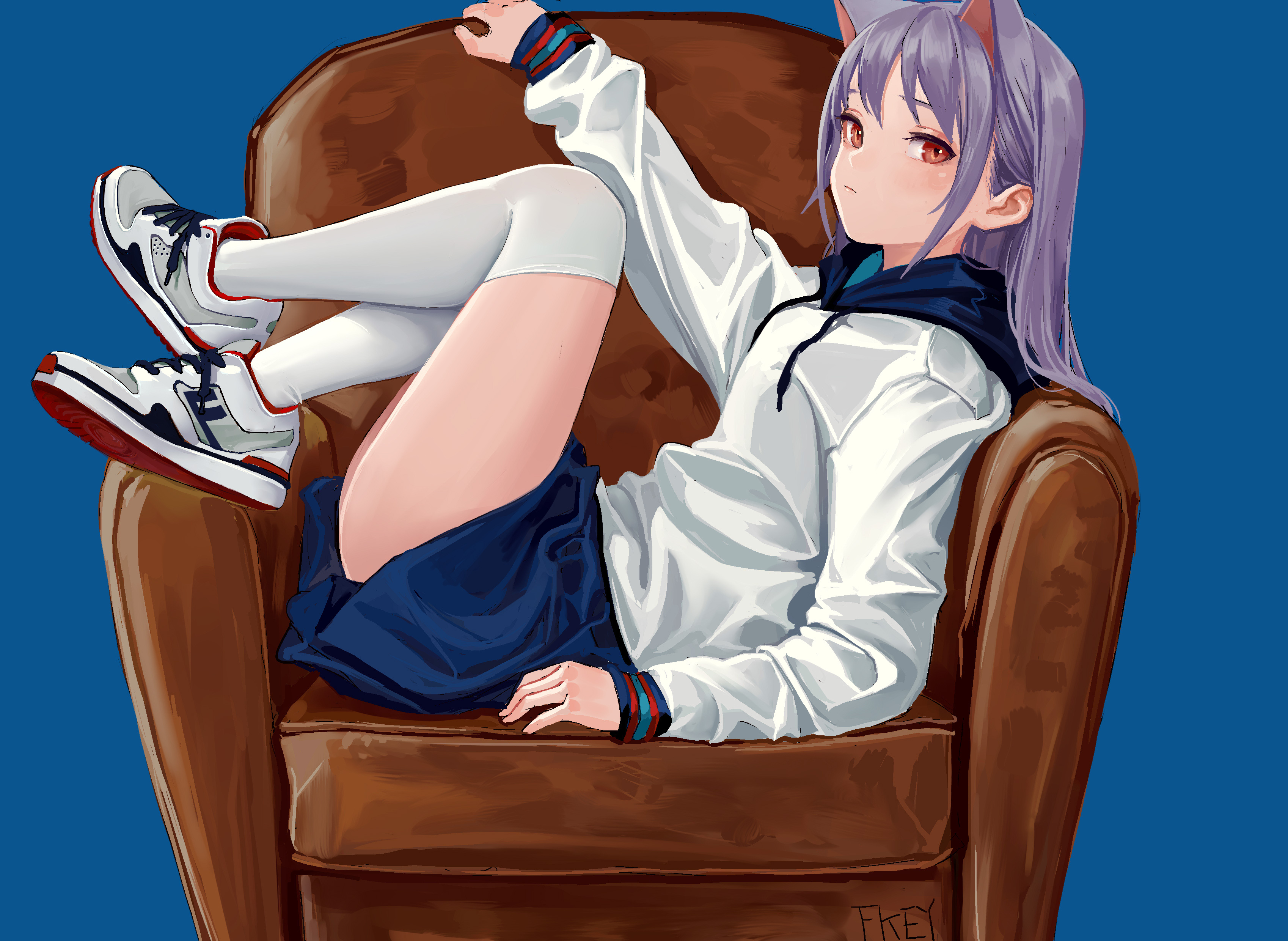 Anime 3396x2480 animal ears school uniform blushing purple hair red eyes stockings skirt long hair thigh-highs FKEY