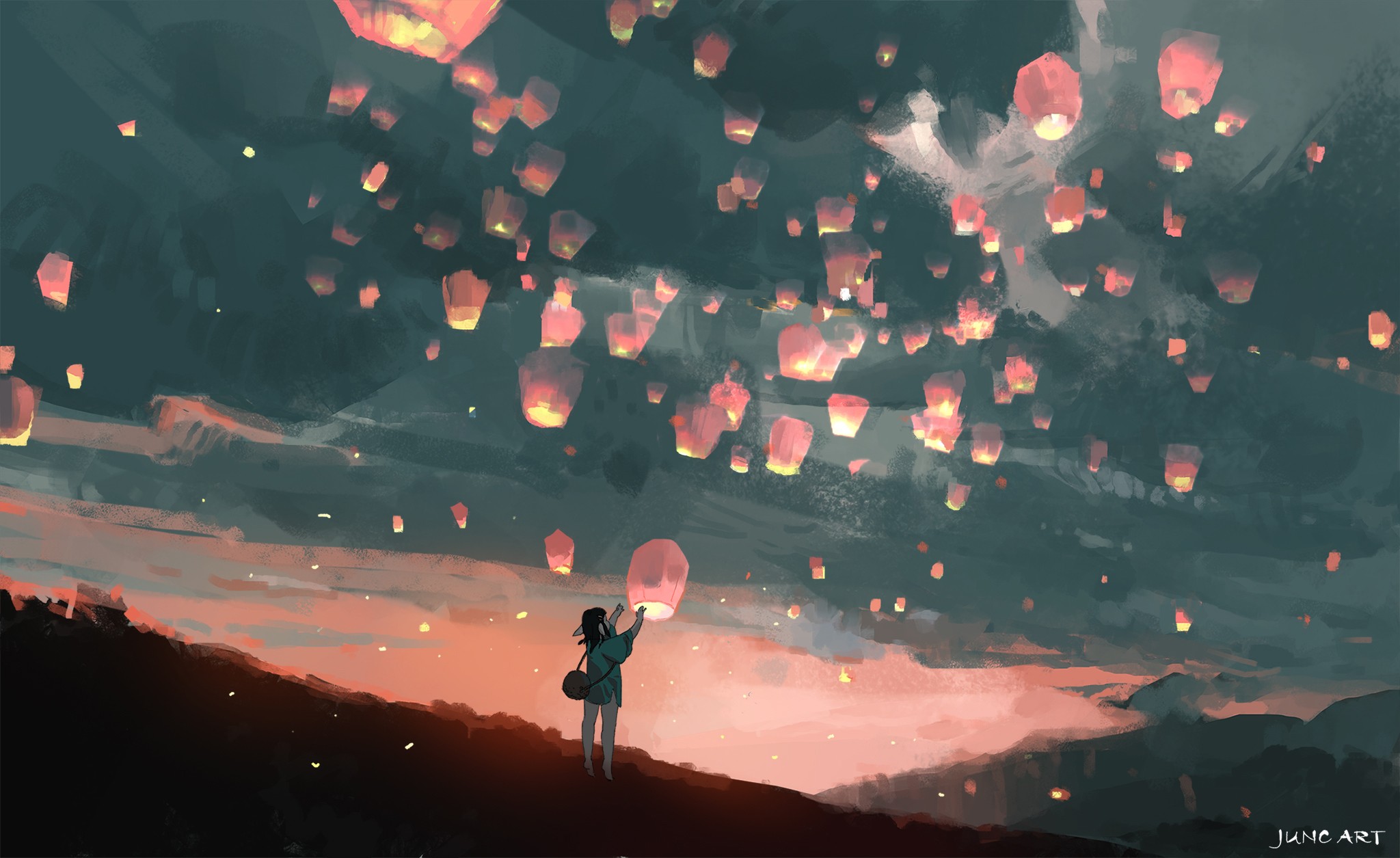 Anime 2048x1255 concept art artwork lantern sunset