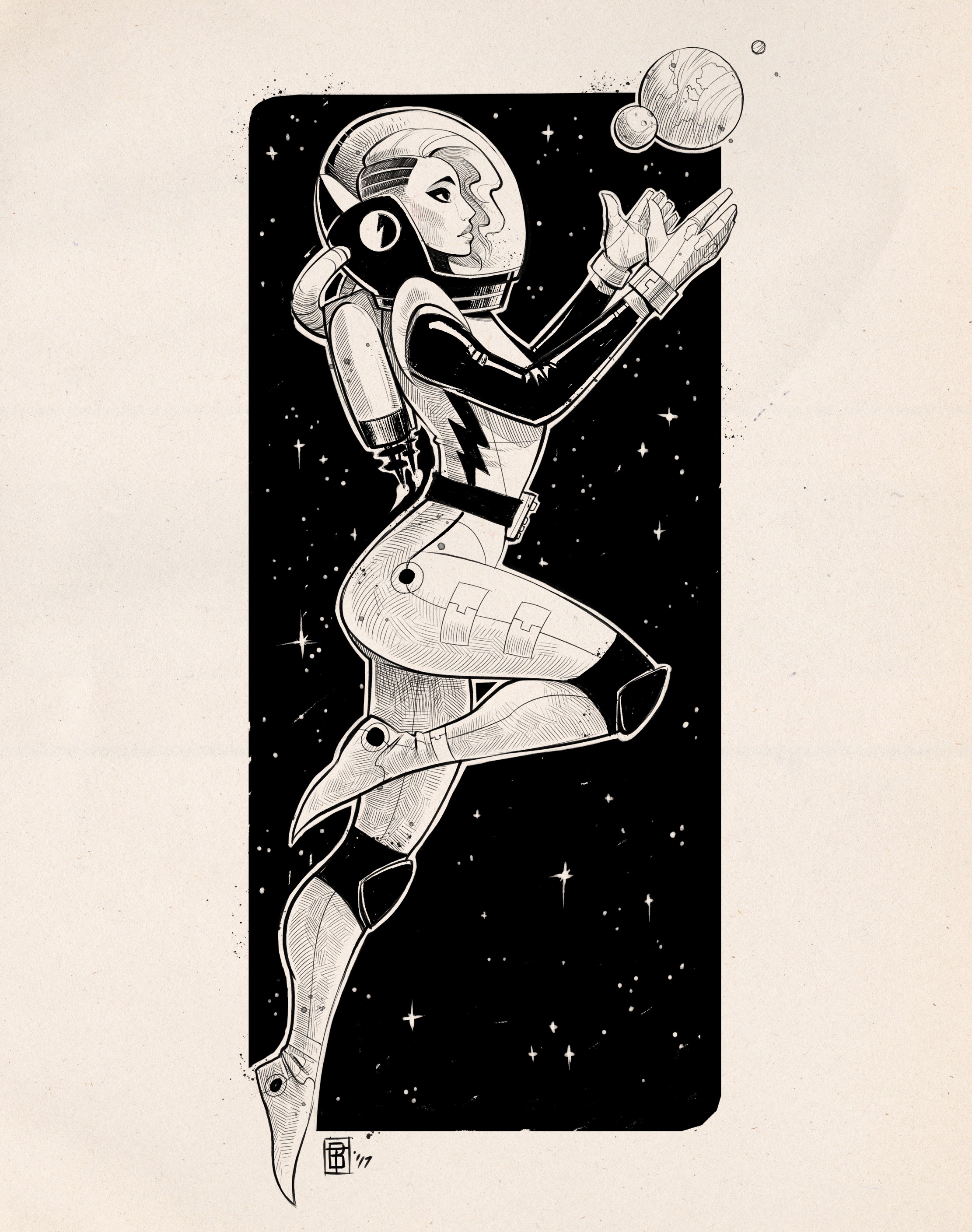 General 2222x2815 Tess Brownson drawing women monochrome pencil drawing paper costumes astronaut space illustration