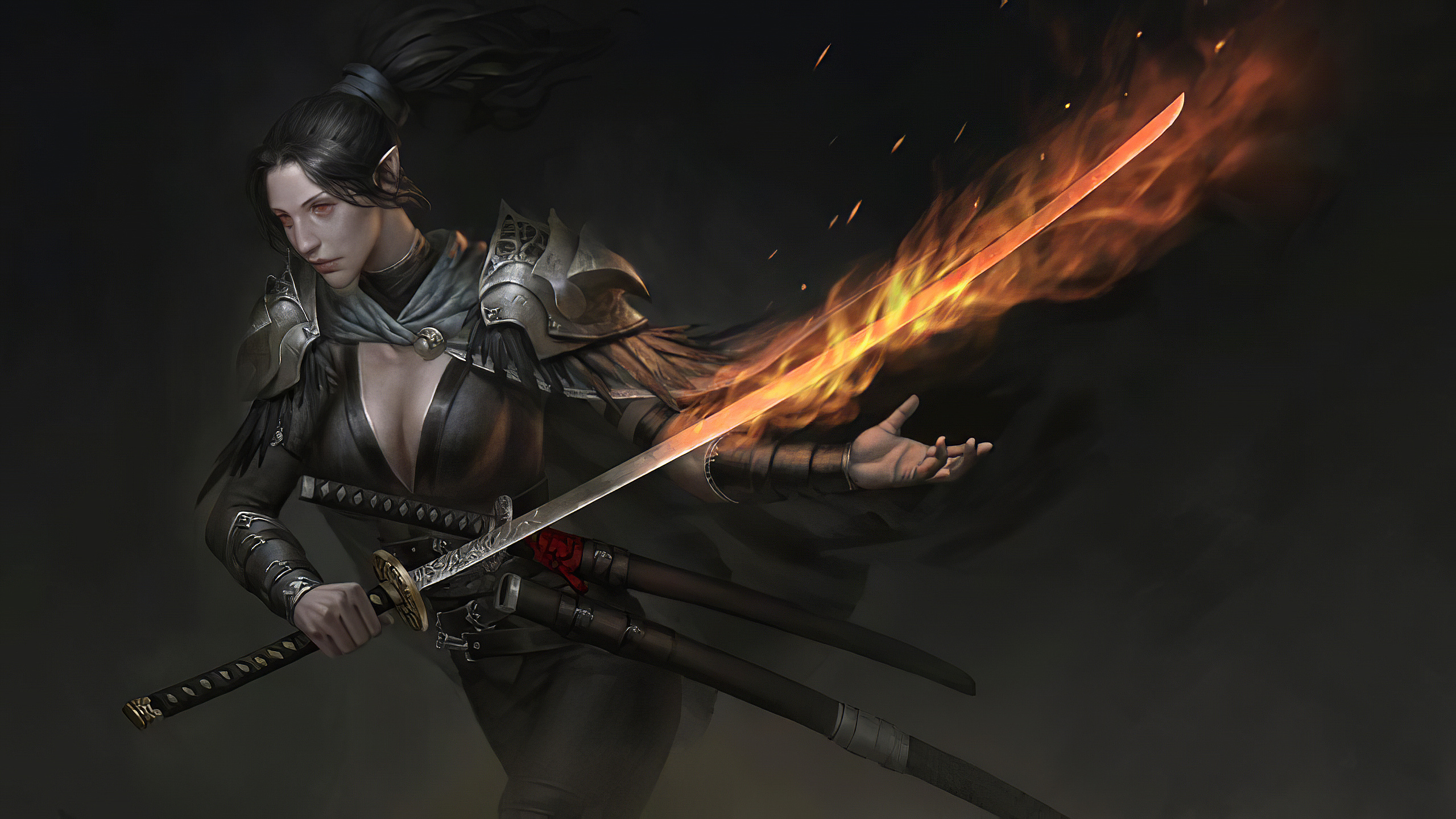 General 2560x1440 fantasy art sword katana samurai digital painting fantasy girl