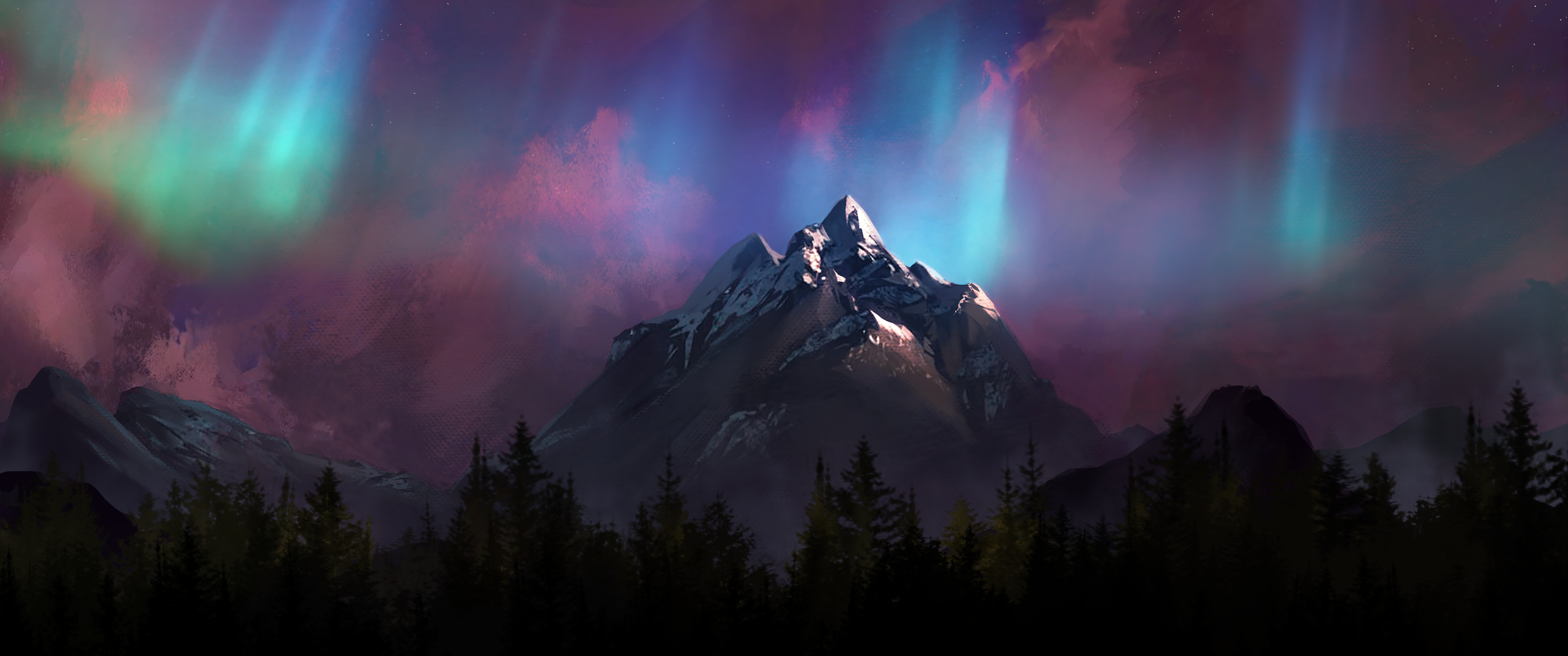 General 3440x1440 mountains aurorae digital painting forest digital art