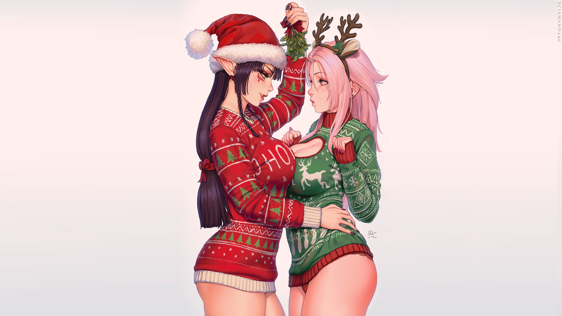 Anime 1920x1080 women digital art short hair simple background two women pink hair sensual gaze Christmas big boobs cleavage face to face hands on hips Santa hats smiling gray background artwork boobs on boobs thighs pointy ears Mirco Cabbia
