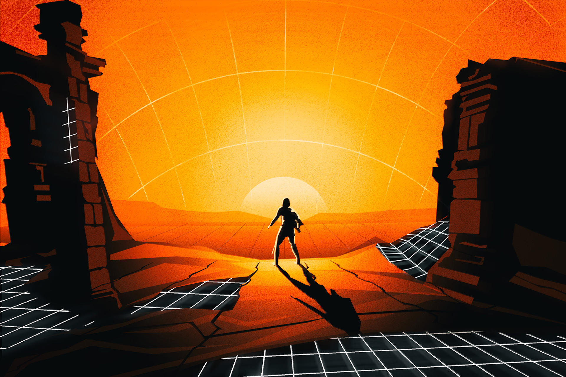 General 1920x1280 digital art CGI sunset the verge Sun artwork grid ruins video game art video game characters wireframe vector video games