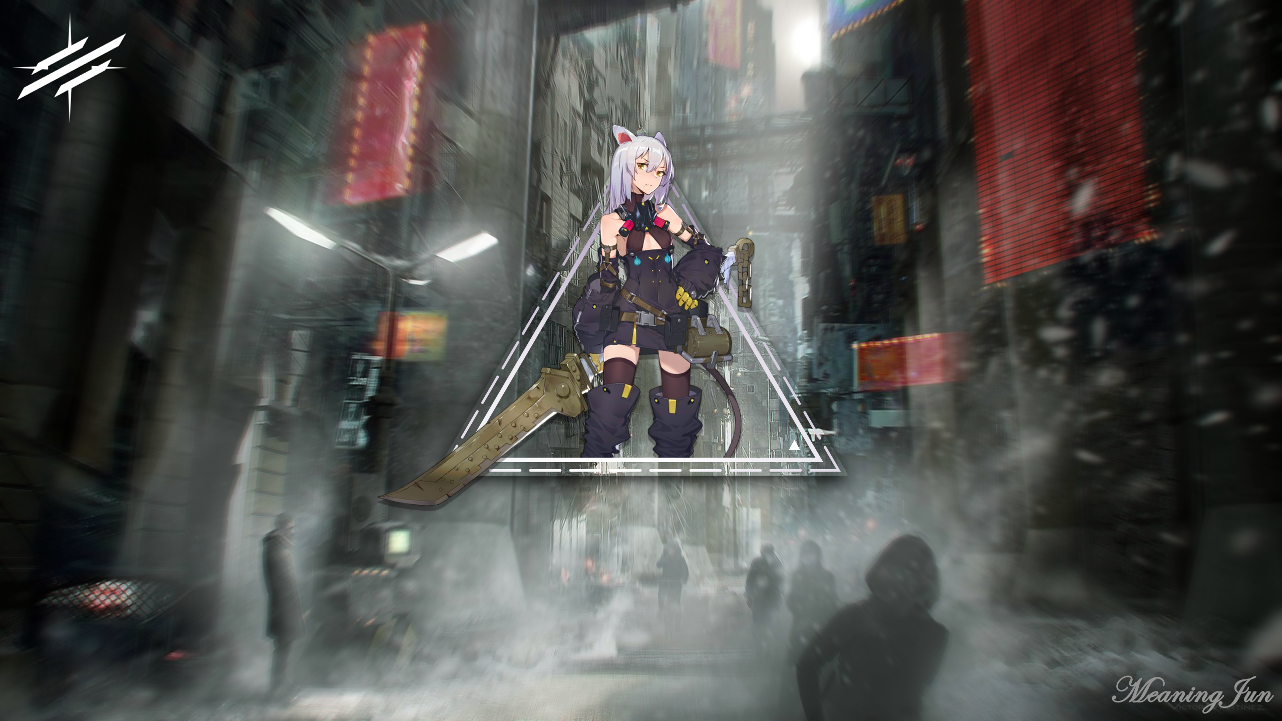 Anime 2560x1440 2D anime girls anime picture-in-picture digital art street city futuristic city fantasy art Arknights Scavenger (Arknights) cat ears thigh-highs female warrior soldier white hair