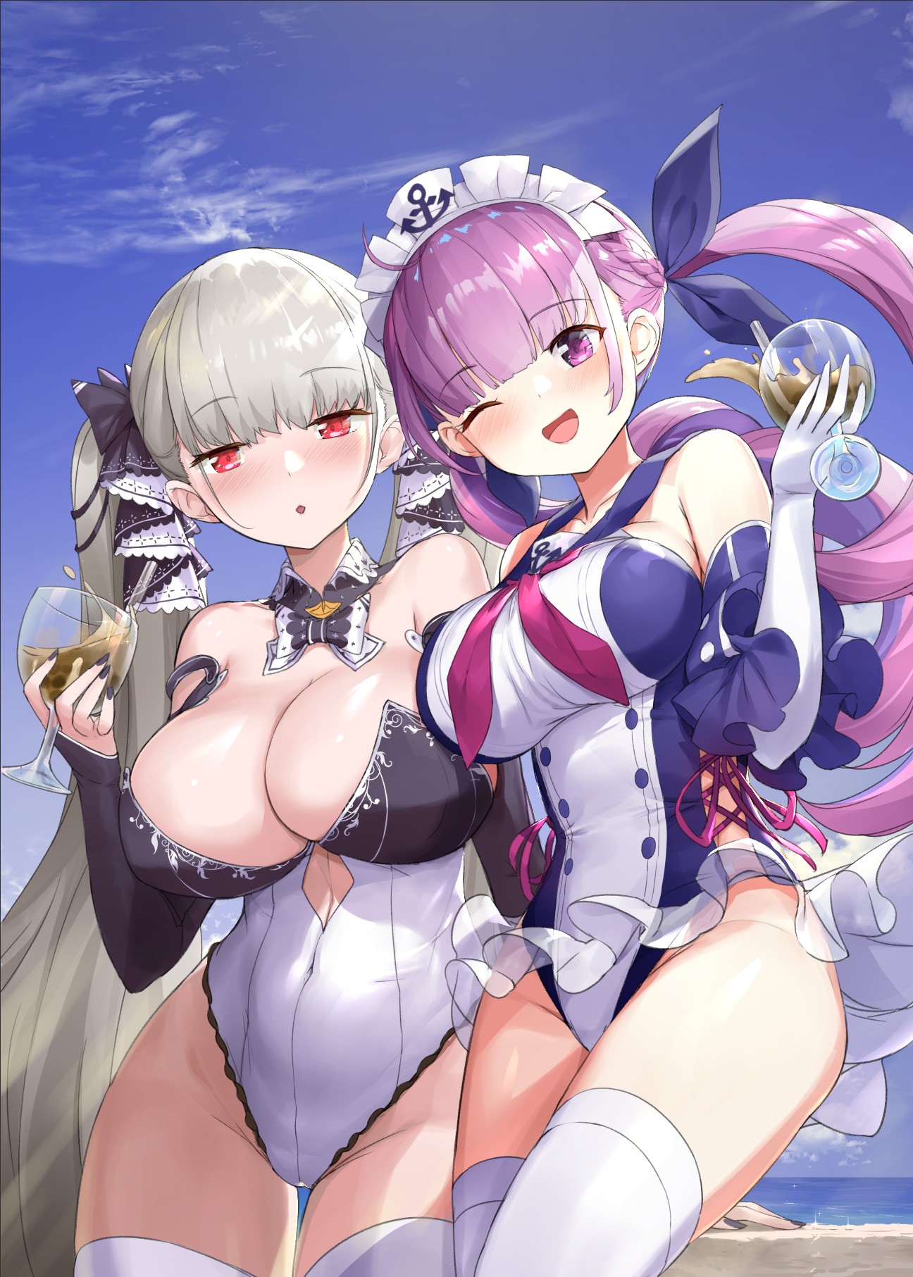 Anime 1296x1813 anime anime girls digital art artwork 2D portrait display Azur Lane Hololive crossover Formidable (Azur Lane) Minato Aqua Virtual Youtuber Crystal Shoujo big boobs one-piece swimsuit cleavage thigh-highs twintails long hair silver hair purple hair cocktails wink two women