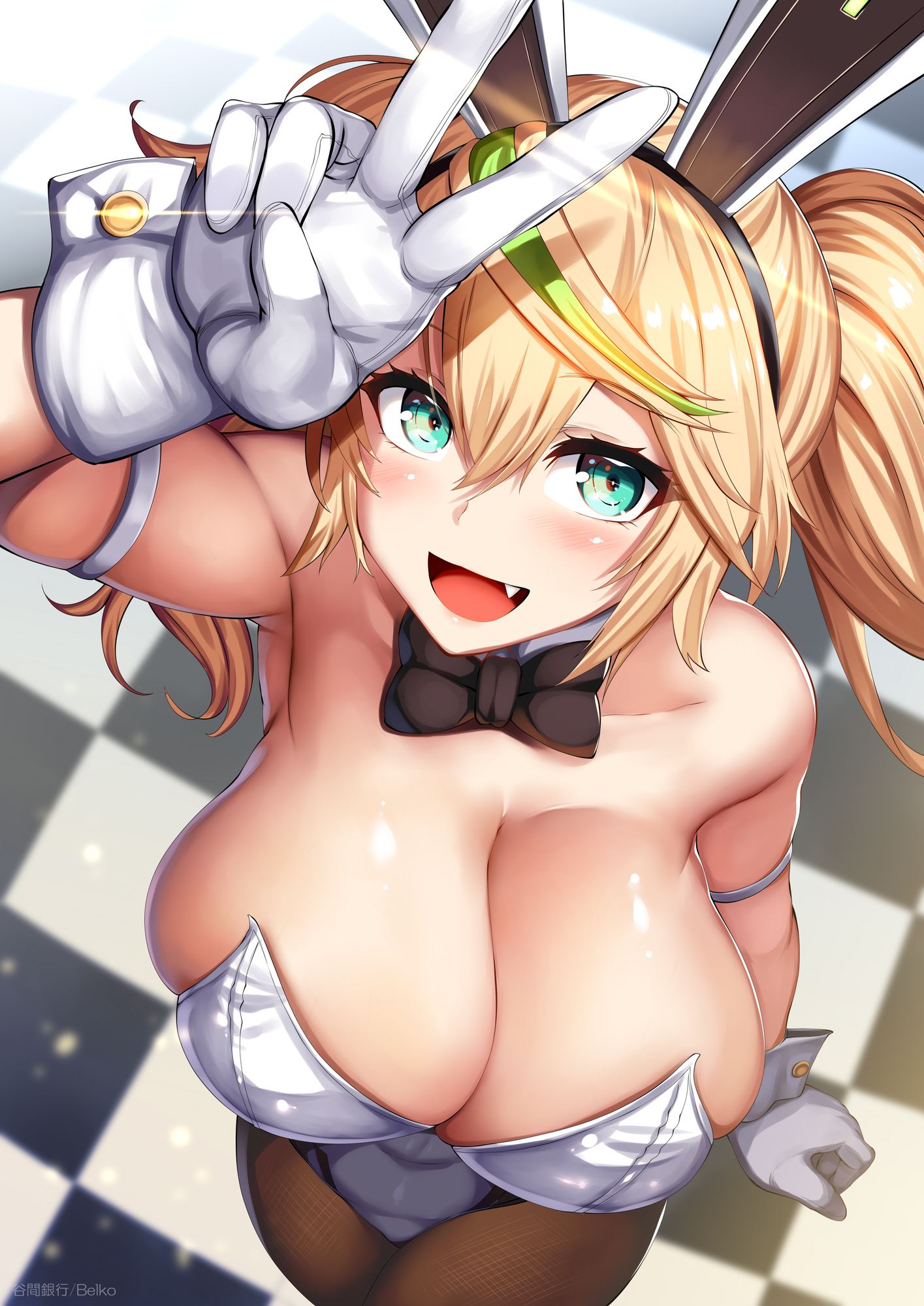 Anime 1415x2000 looking at viewer smiling open mouth aqua eyes huge breasts anime blushing blonde bunny girl bunny ears high angle