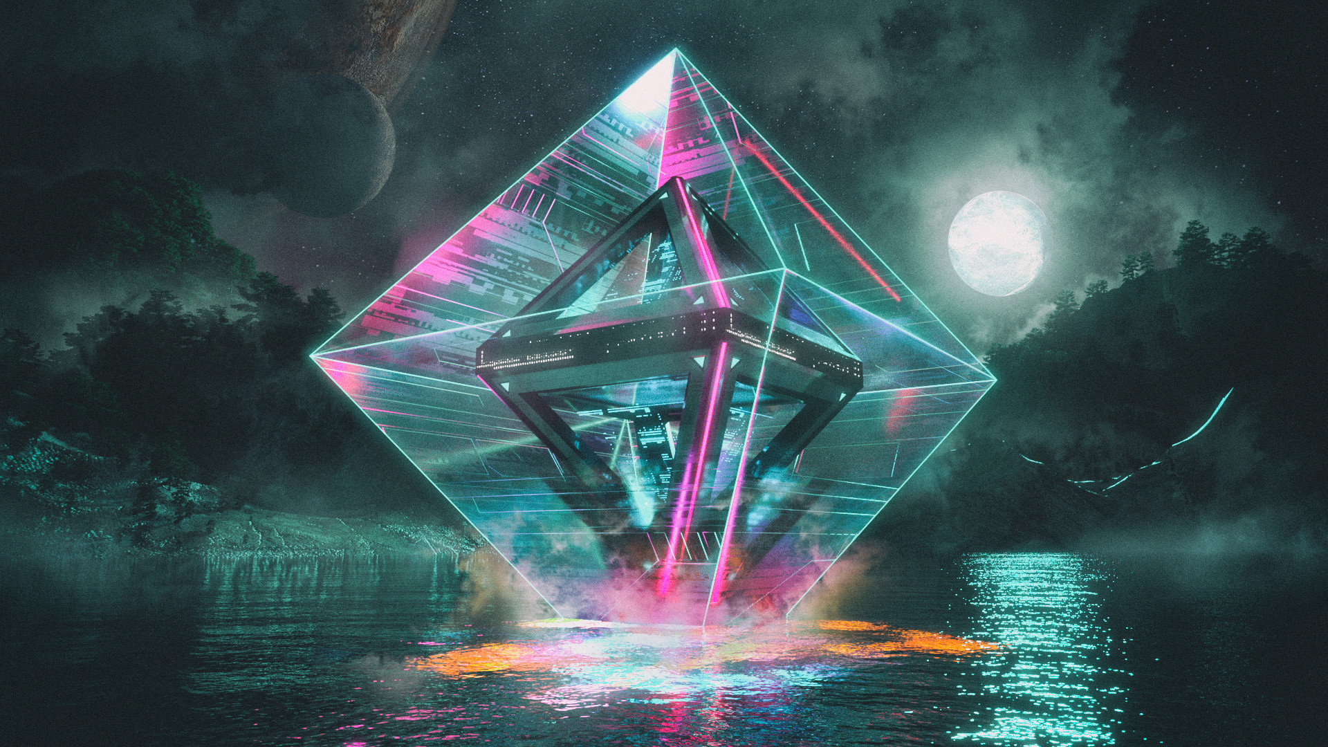 General 1920x1080 David Legnon cyberpunk neon prism Moon water reflection science fiction planet mist night cyan