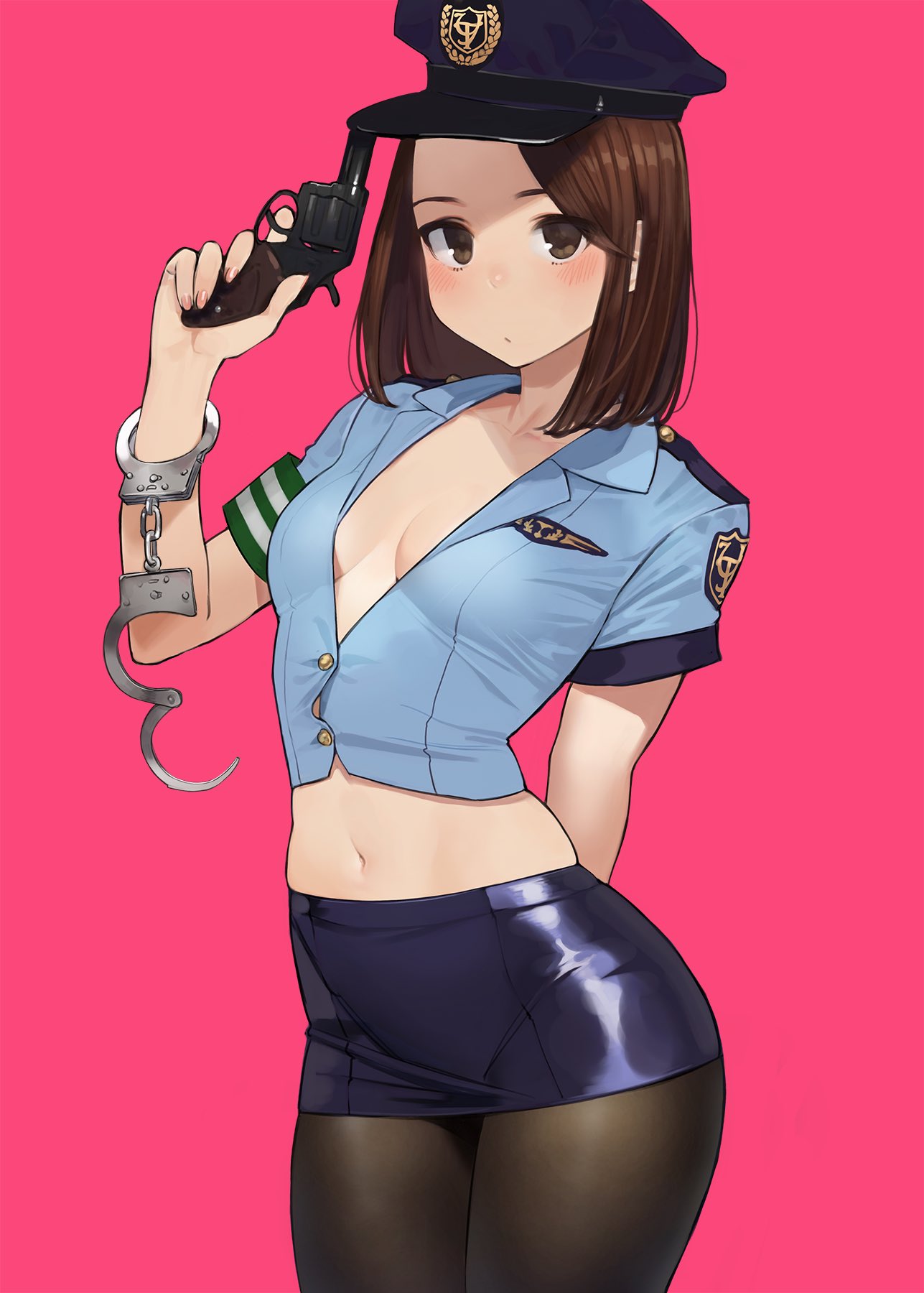 Anime 1287x1800 anime anime girls police pistol brunette Miru Tights yomu small boobs