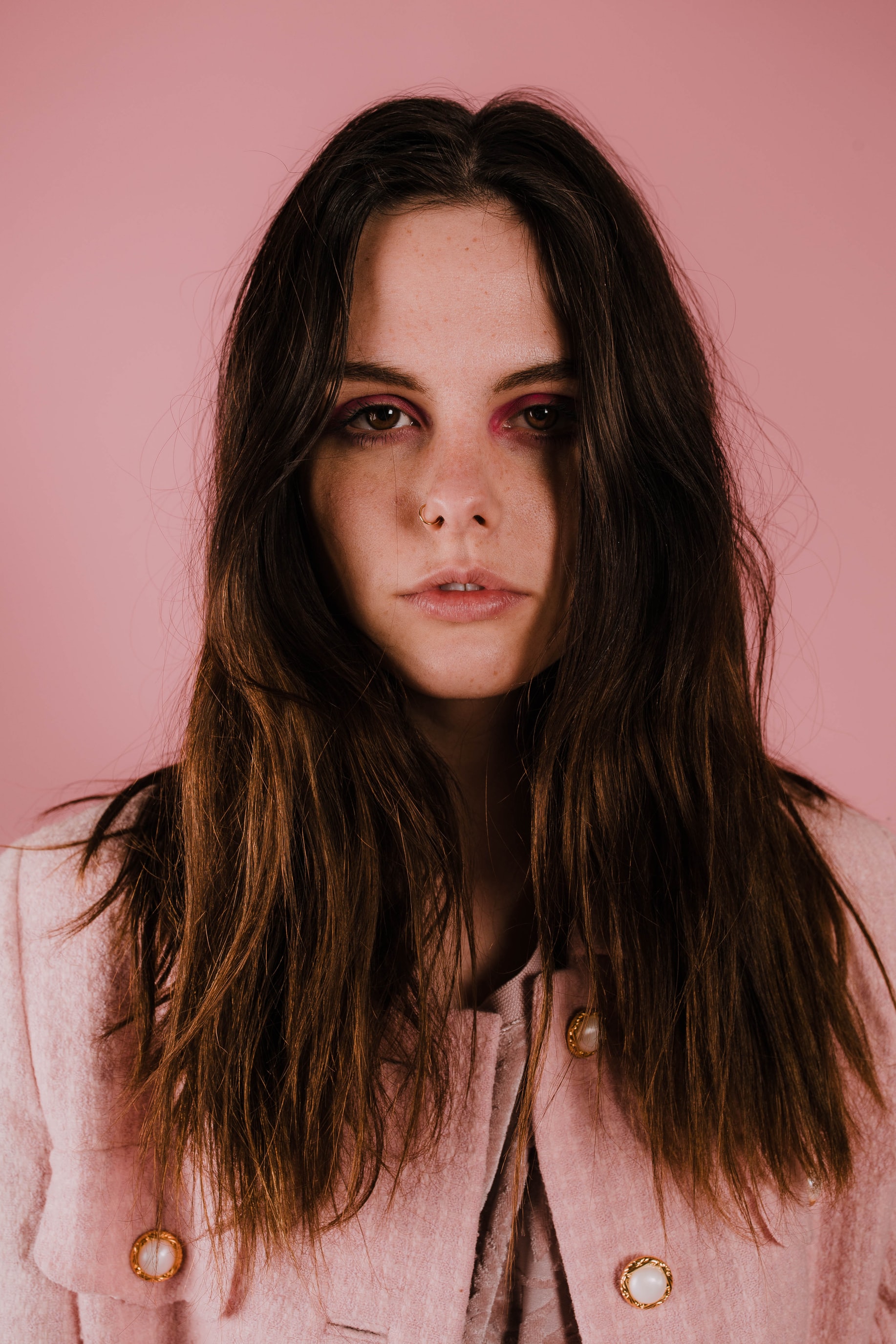 People 1834x2751 women indoors women portrait display brunette looking at viewer nose ring pink lipstick face portrait long hair frontal view