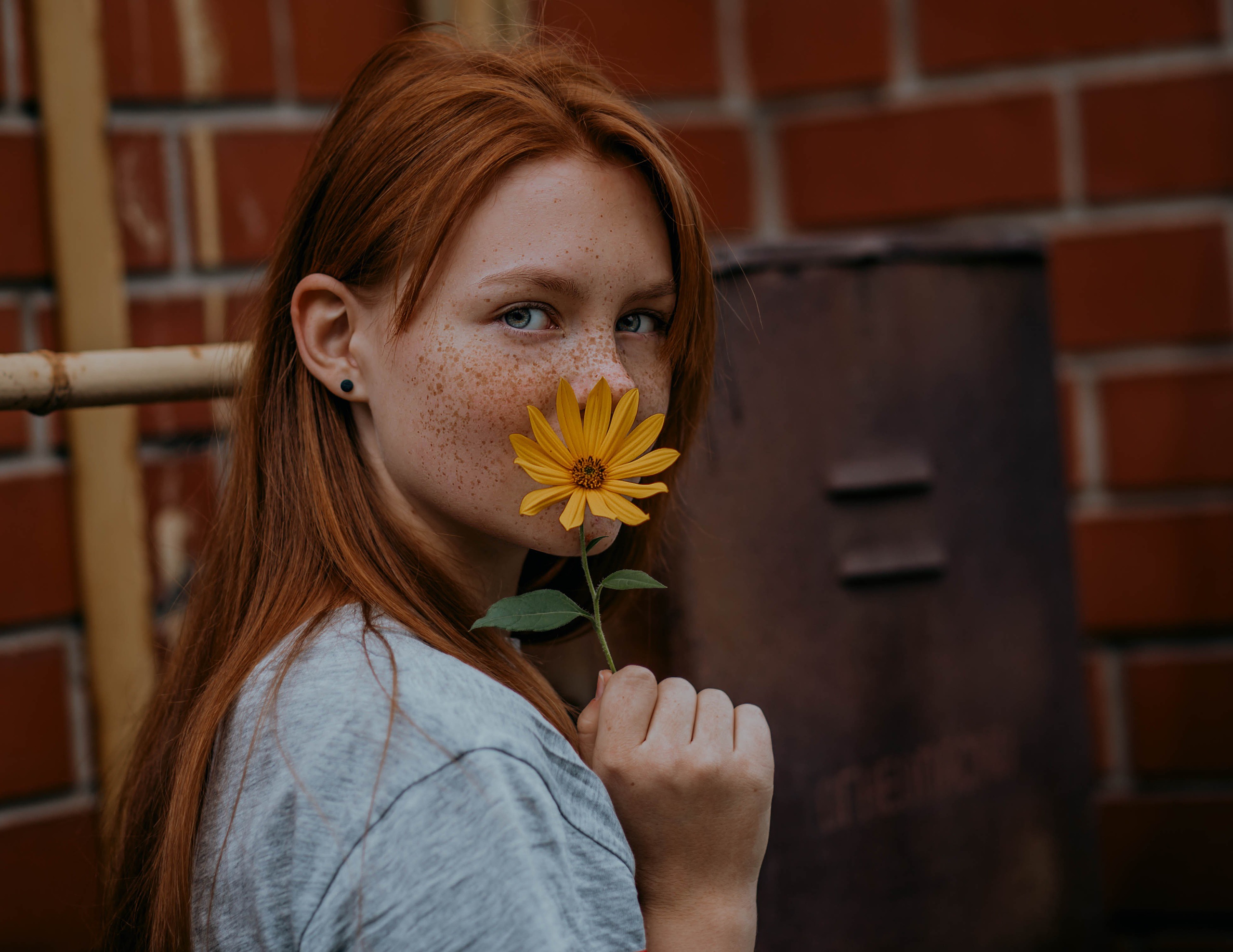 People 2560x1978 flowers redhead freckles women model portrait