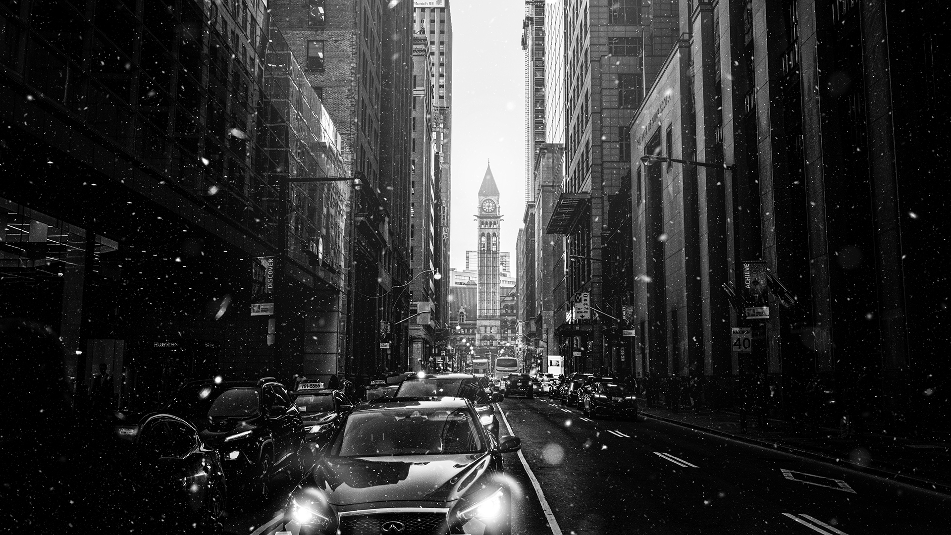 General 1920x1080 monochrome car building street city cityscape dark black snowing