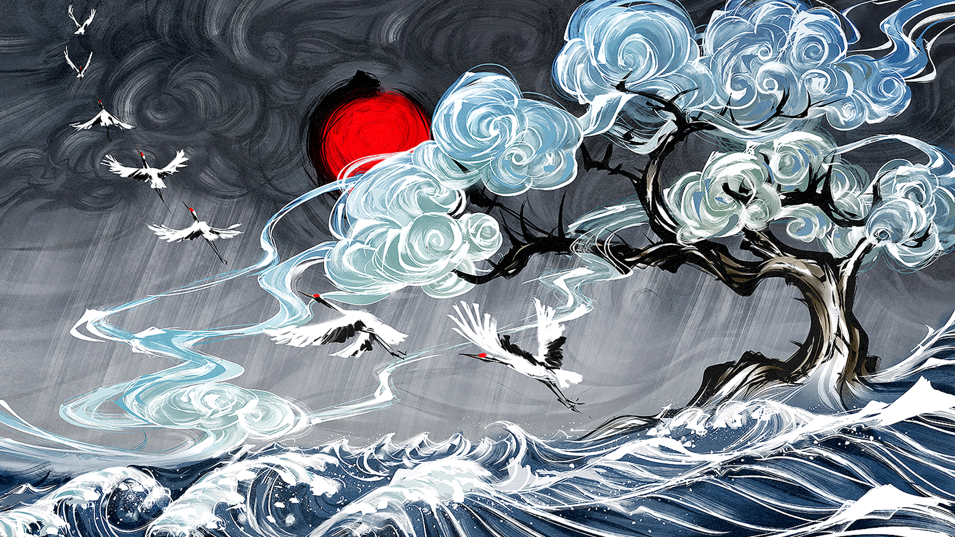 Anime 1920x1080 Yuumei digital art water clouds waves birds flying sea trees brush painting