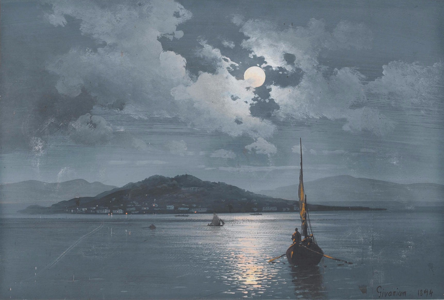 General 1722x1163 artwork painting boat sailing sea night Moon