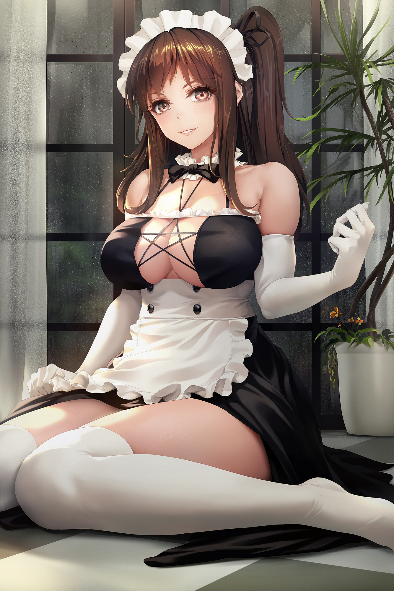 Anime 1334x2000 anime girls maid maid outfit brunette French maid cleavage big boobs satin gloves white thigh highs thigh-highs