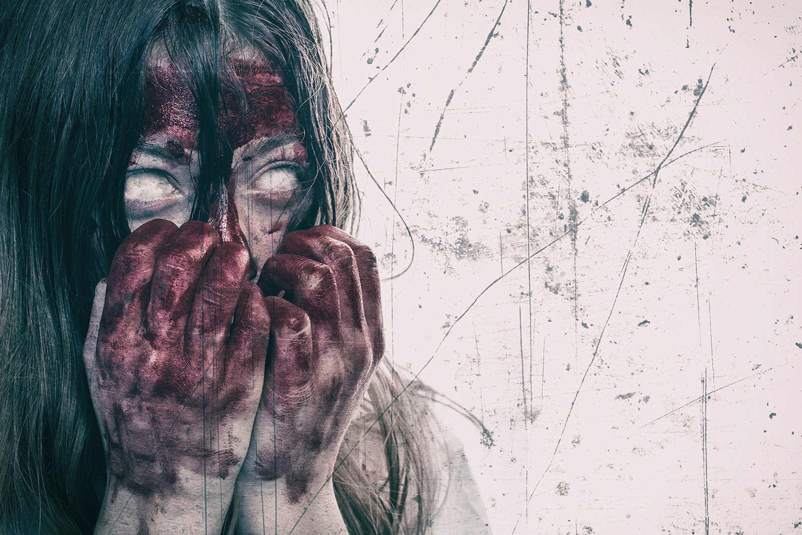 People 1600x1067 horror blood women scary face creepy creepy eyes covering mouth white eyes hair between eyes long hair blood covered body