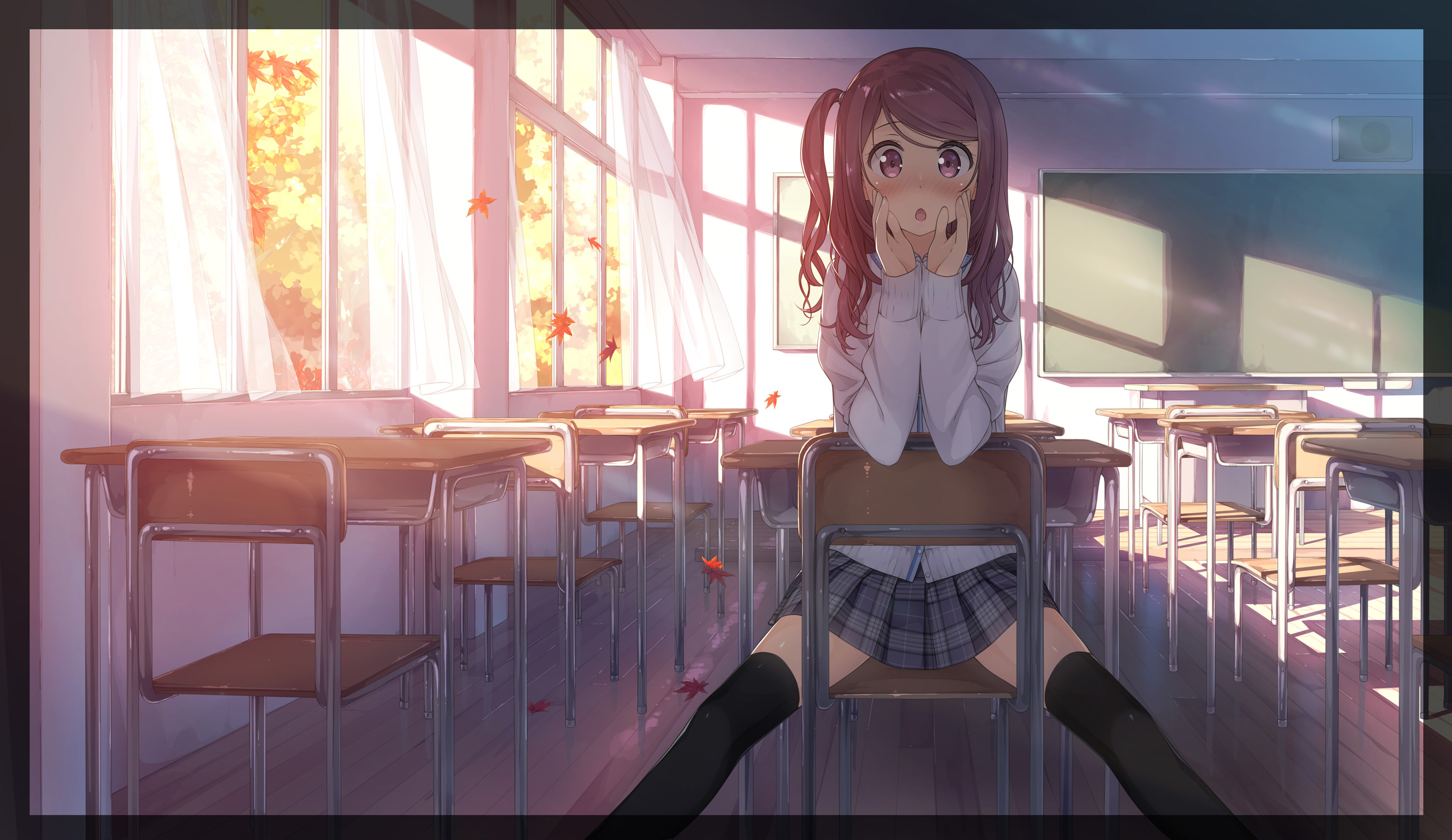 Anime 2735x1583 anime anime girls miniskirt sitting school uniform classroom Kantoku artwork Kurumi (Kantoku) fall