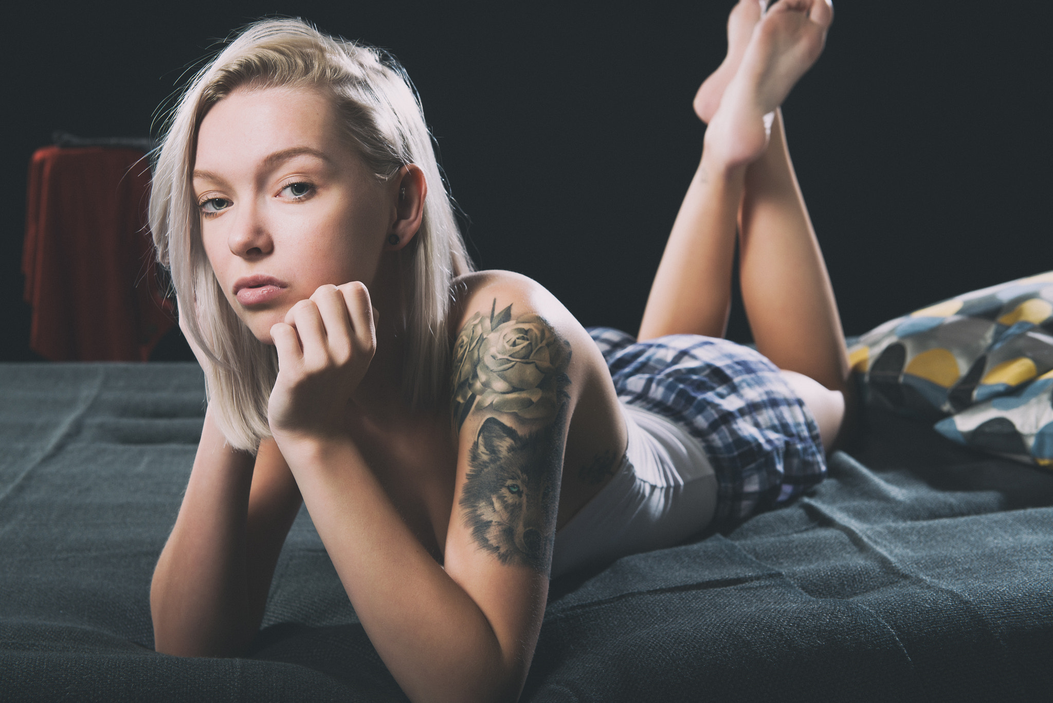 People 2048x1367 women model blonde in bed looking at viewer tattoo skirt face inked girls legs up barefoot
