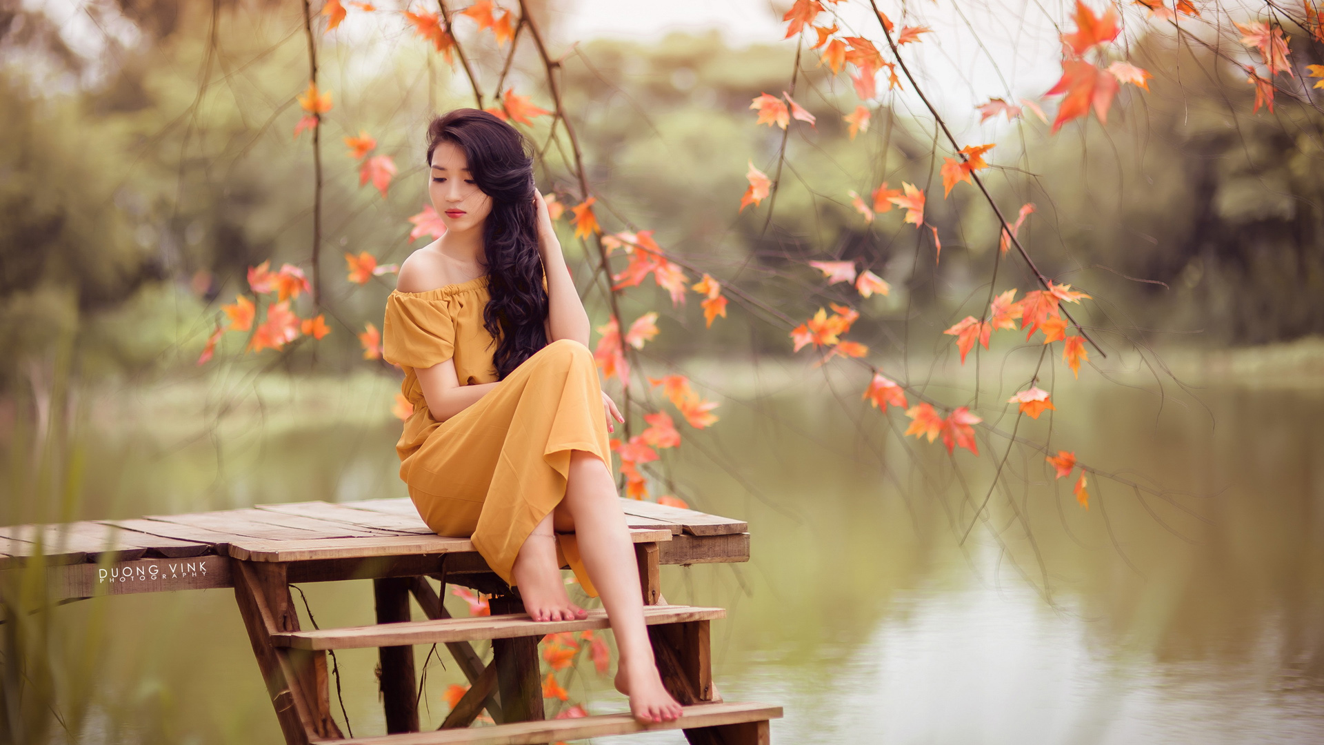 People 1920x1080 Asian women model photography long hair brunette fall leaves pier barefoot yellow dress long skirt