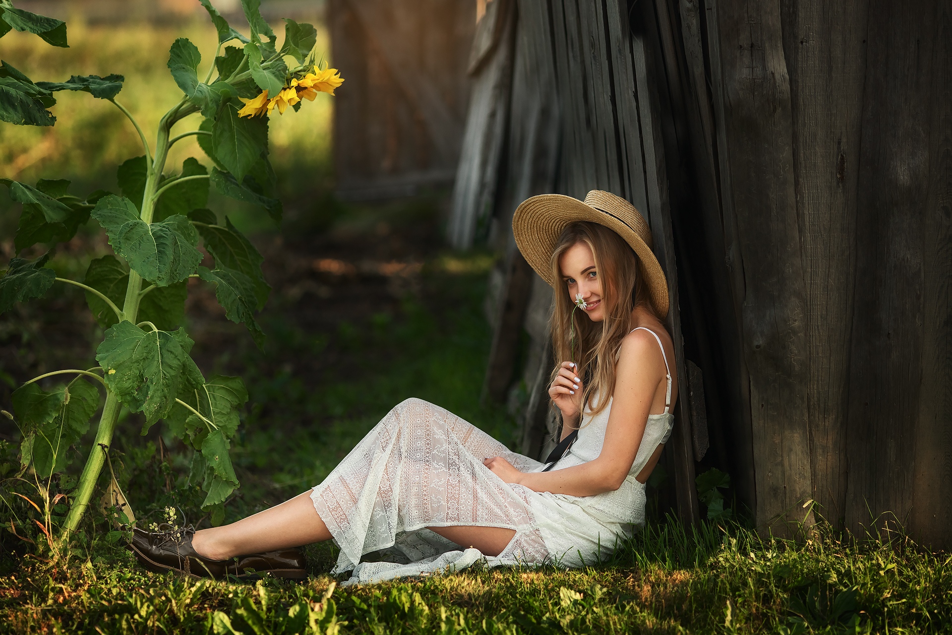 People 1920x1280 women model blonde dress straw hat women with hats sitting on the floor shoes sunflowers painted nails portrait women outdoors depth of field Dmitry Arhar young women