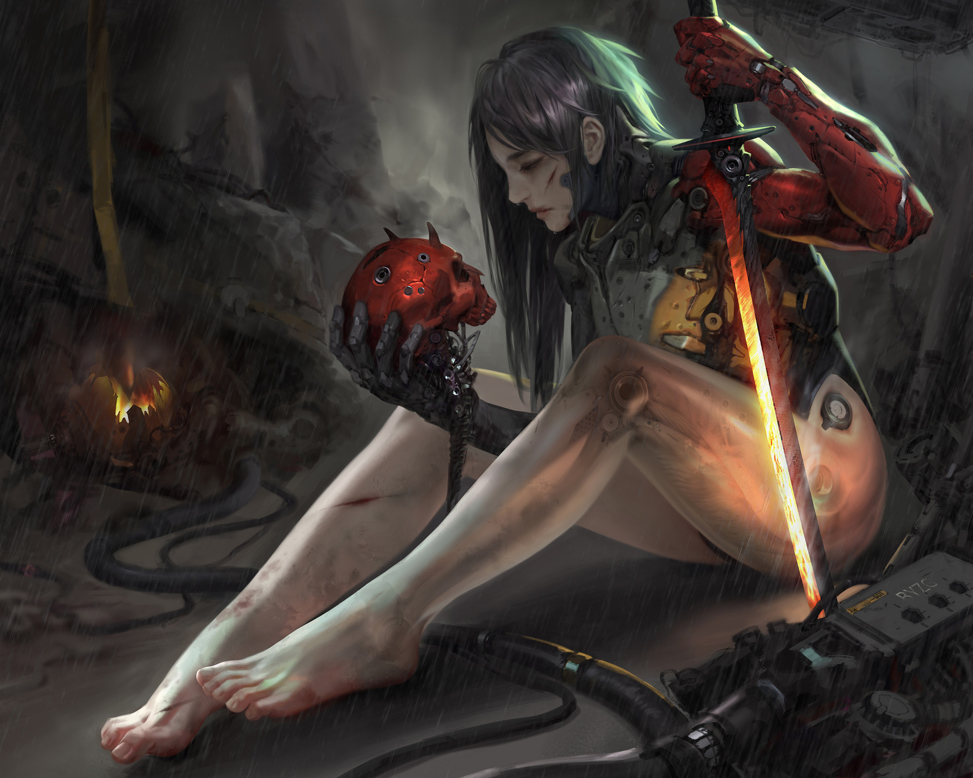 General 1920x1536 women artwork digital art 2D cyborg sword skull cyberpunk rain barefoot concept art
