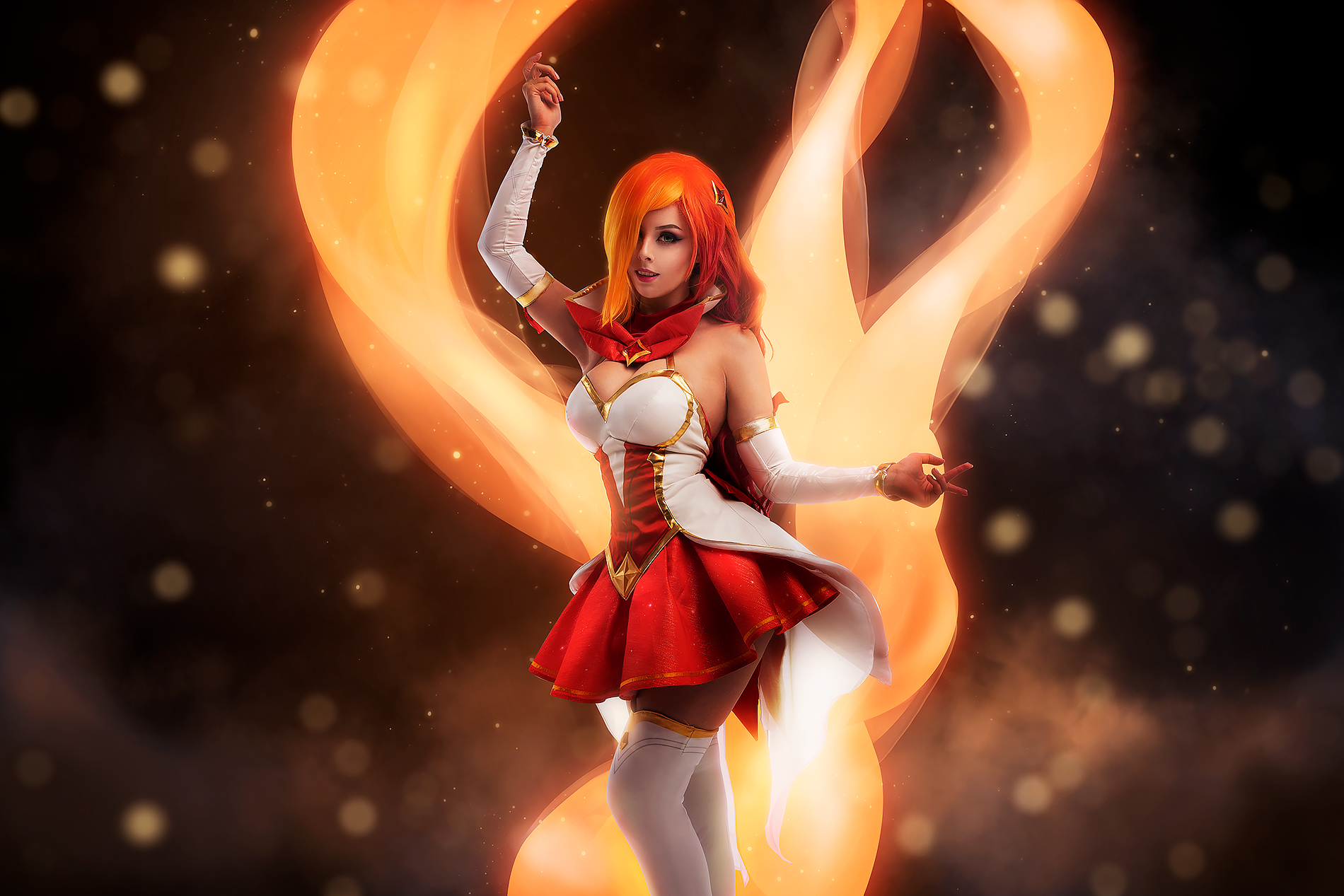 People 1900x1267 Helly von Valentine women model portrait cosplay Miss Fortune (League of Legends) Star Guardian looking at viewer smiling cleavage knee-high boots League of Legends video game girls